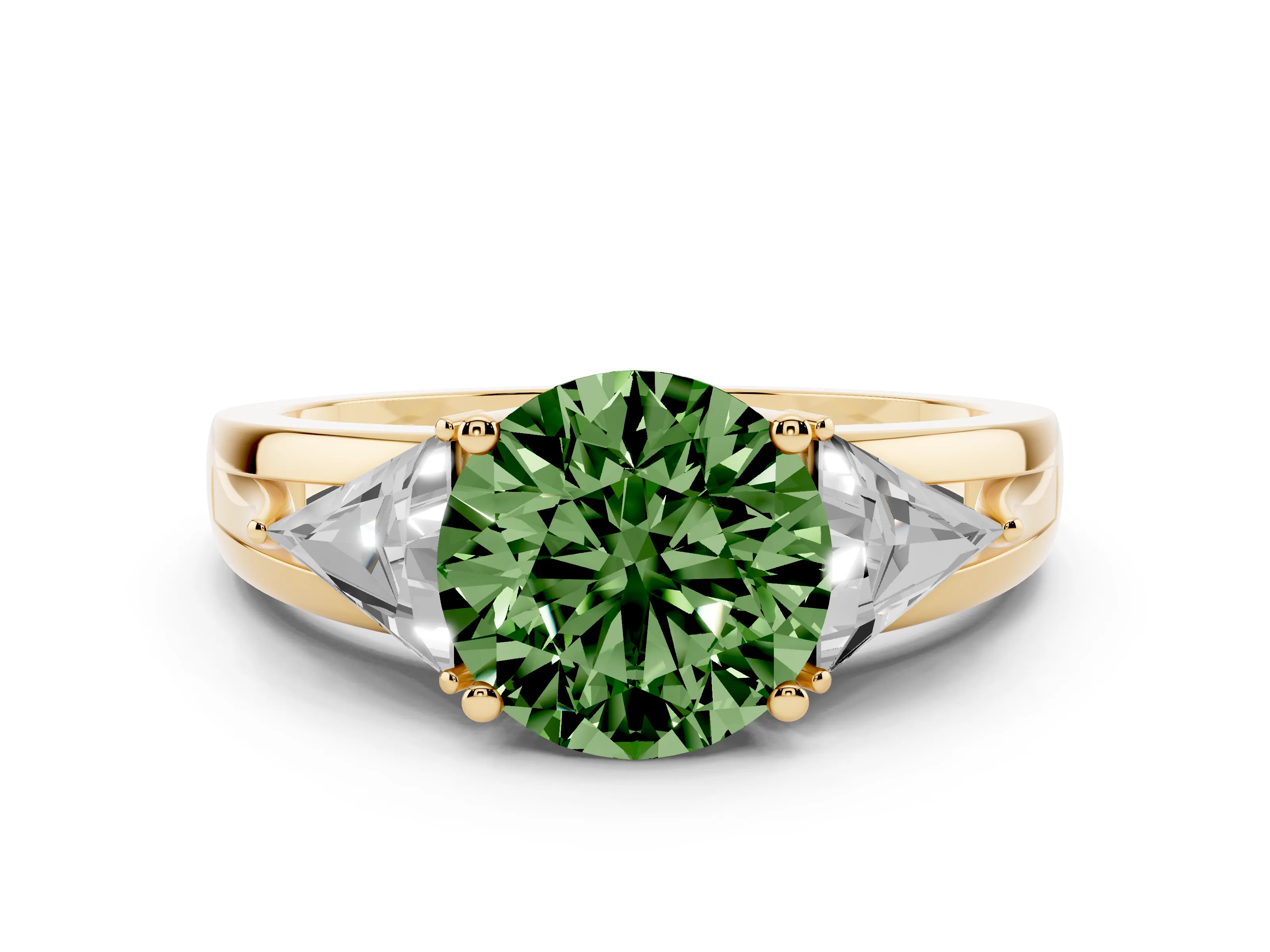 Fancy Green Round Cut Diamond Three-Stone Ring Set in Yellow gold with Trillion Side Stones and Split Shank