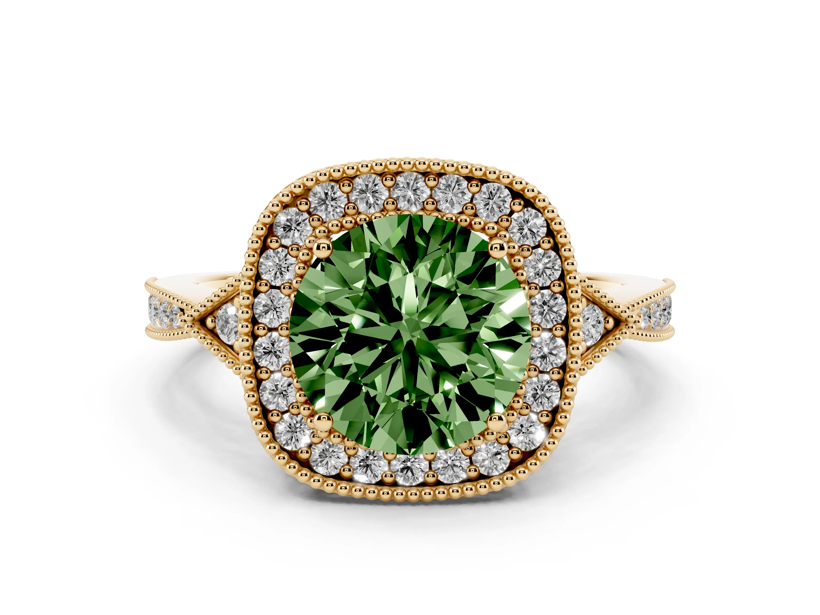Fancy Green Round Cut Diamond Halo Engagement Ring Set in Yellow gold with Milgrain Pavé Band