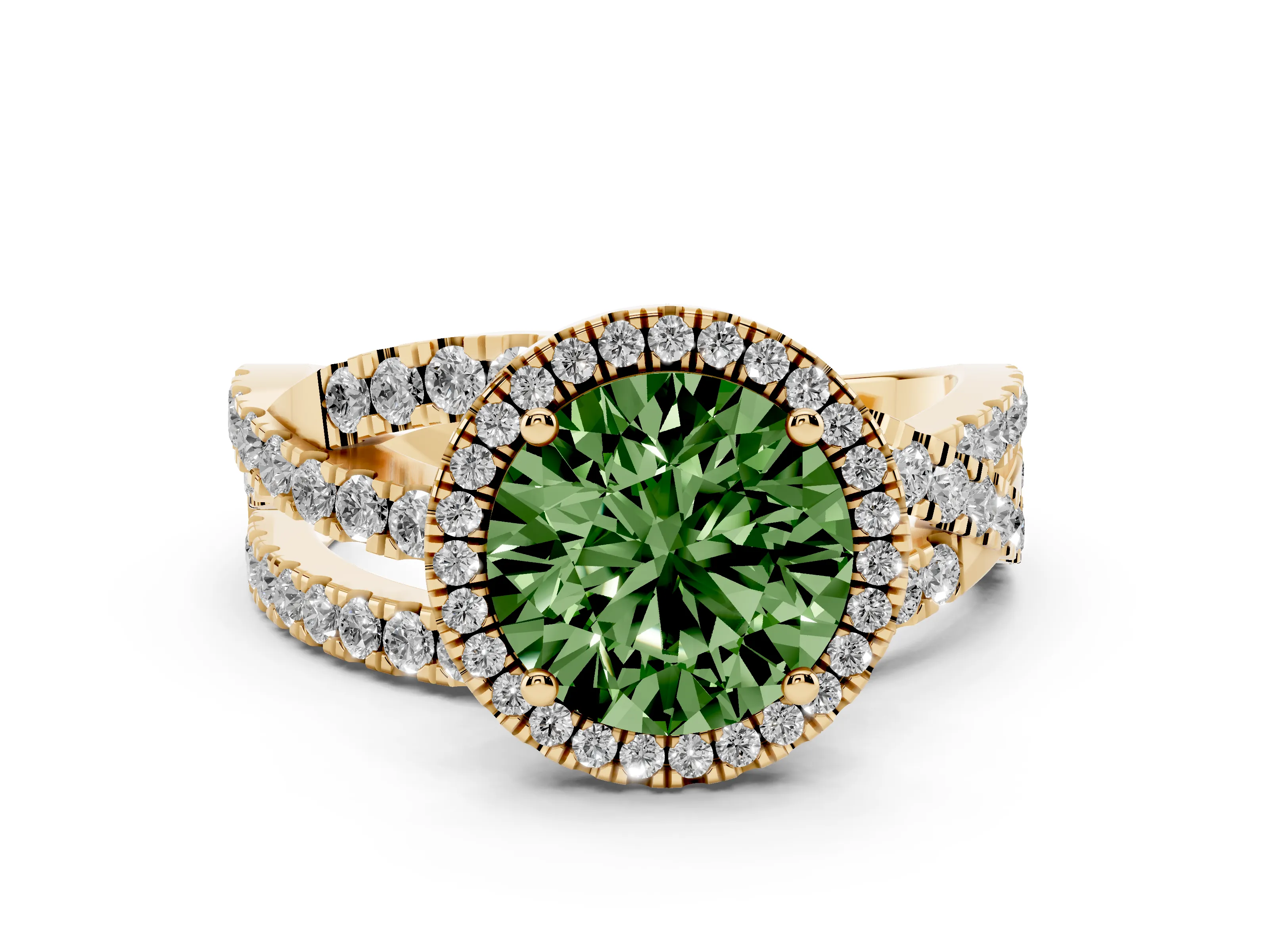 Fancy Green Round Cut Diamond Halo Ring Set in Yellow gold with Round Crossover Split Shank and Prong Setting