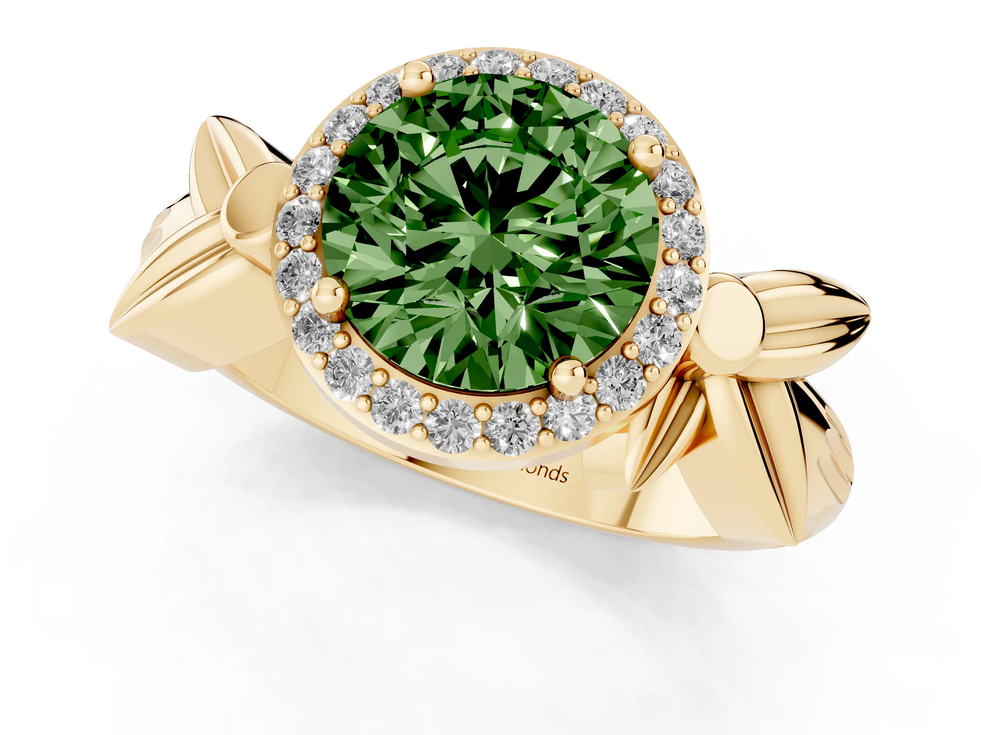 Fancy Green Round Cut Diamond Halo Floral Band Ring Set in Yellow gold with Prong Setting