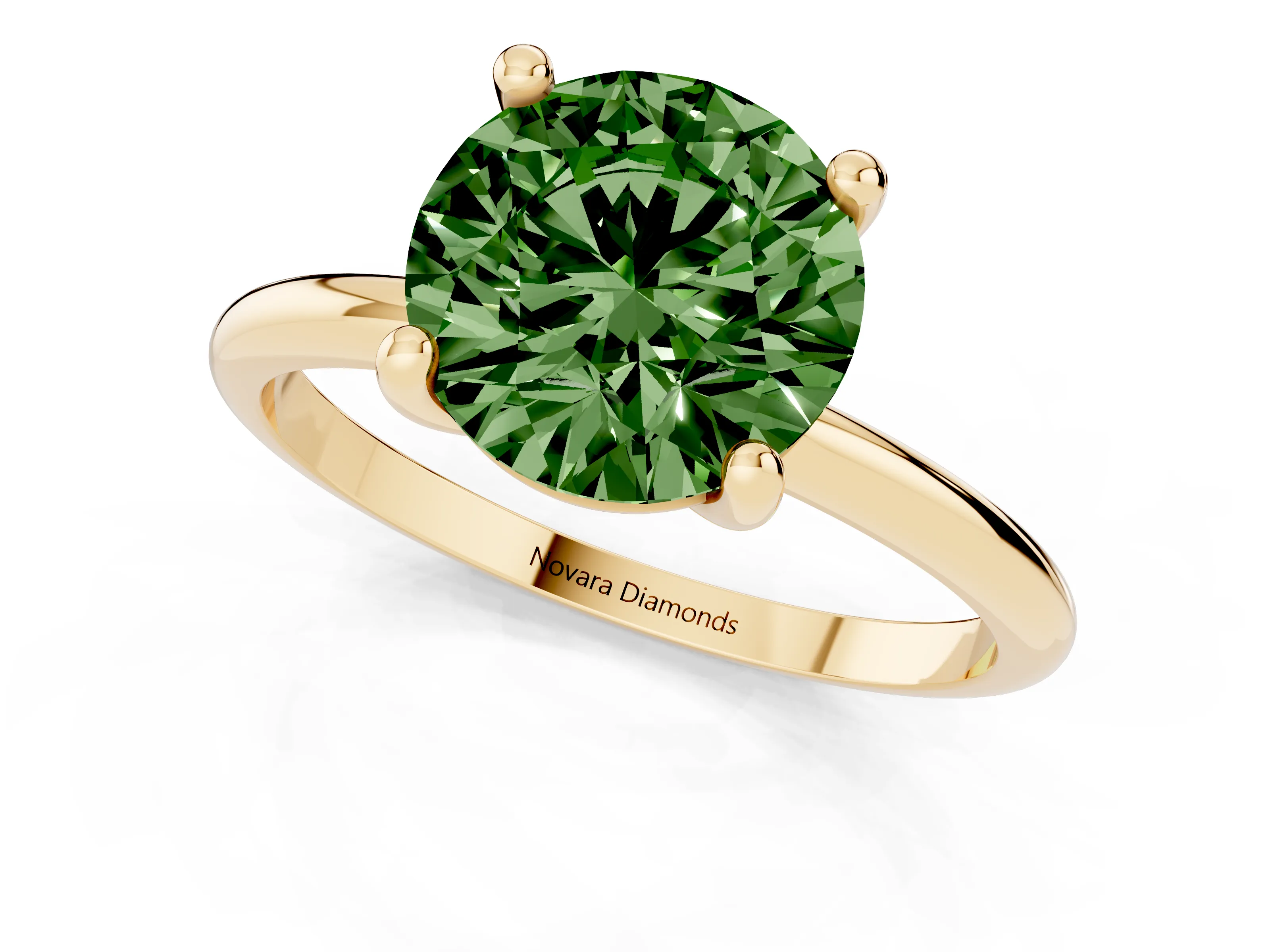 Fancy Green Round Cut Diamond Solitaire Ring Set in Yellow gold with Secure Prong Setting on a Classic Band