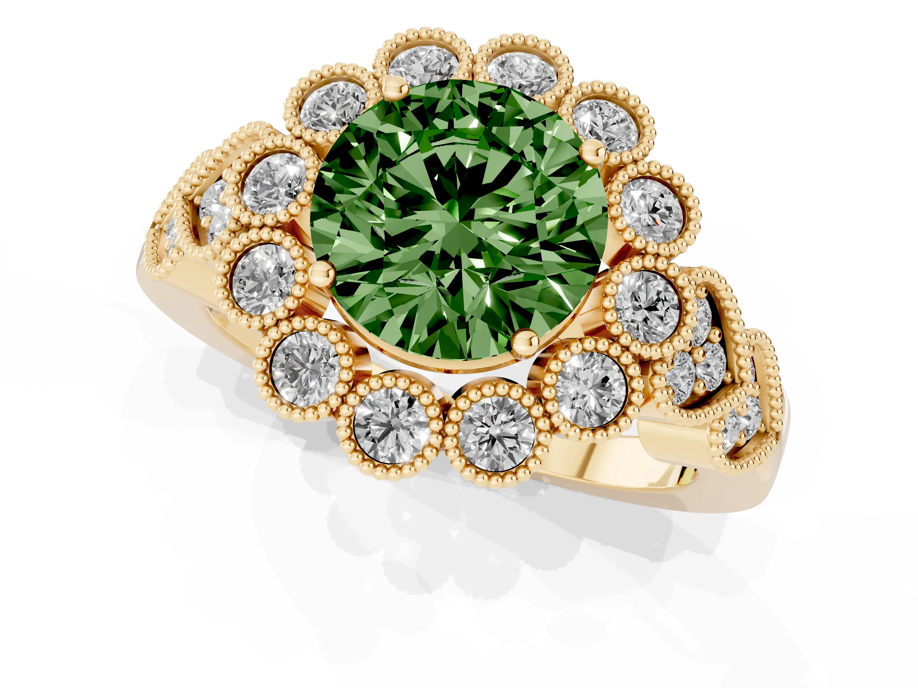 Fancy Green Round Cut Diamond Solitaire Ring Set in Yellow gold with Milgrain Pavé Heart Band