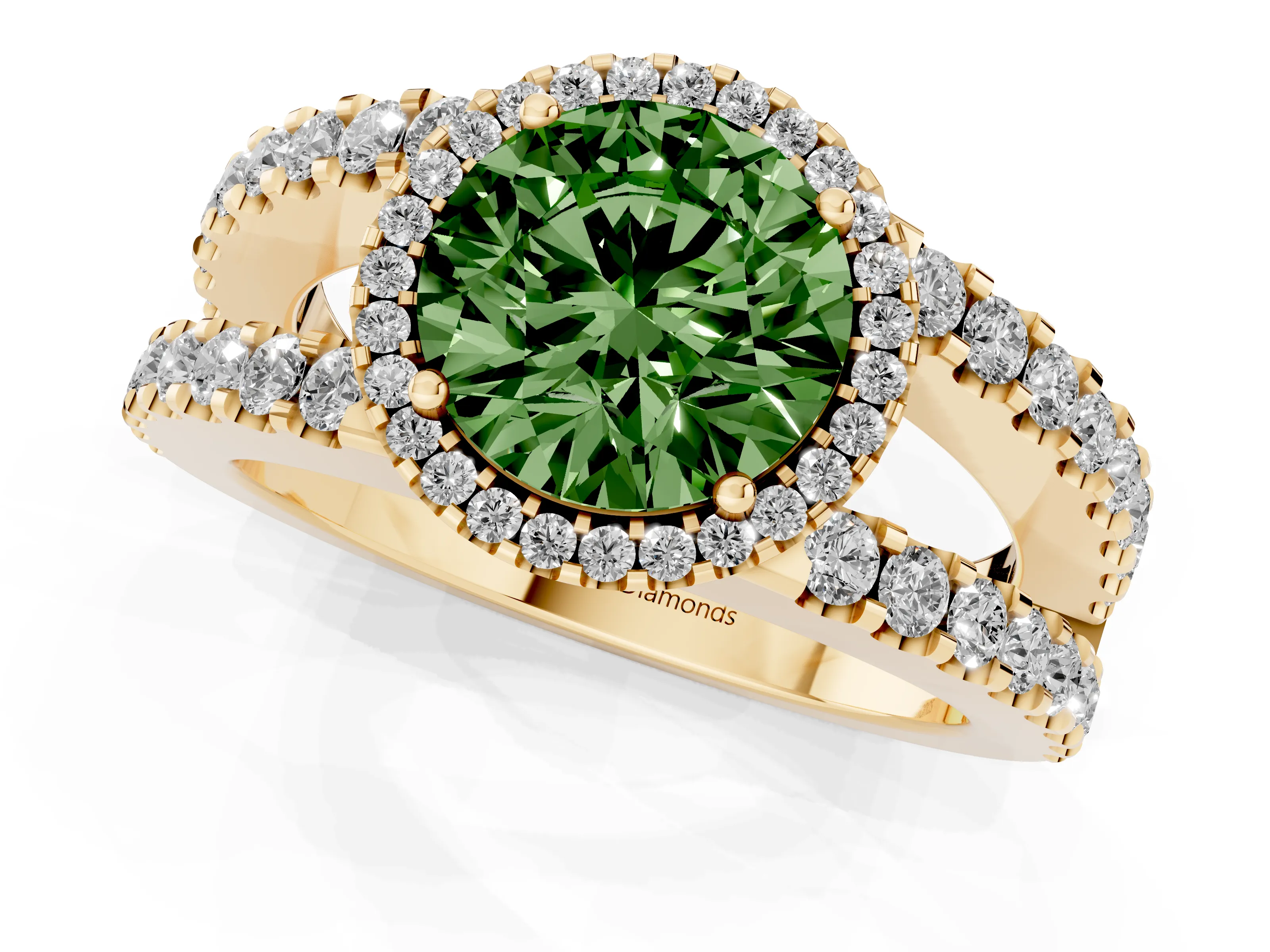 Fancy Green Round Cut Diamond Halo Ring Set in Yellow gold with Pavé Split Shank and Prong Setting