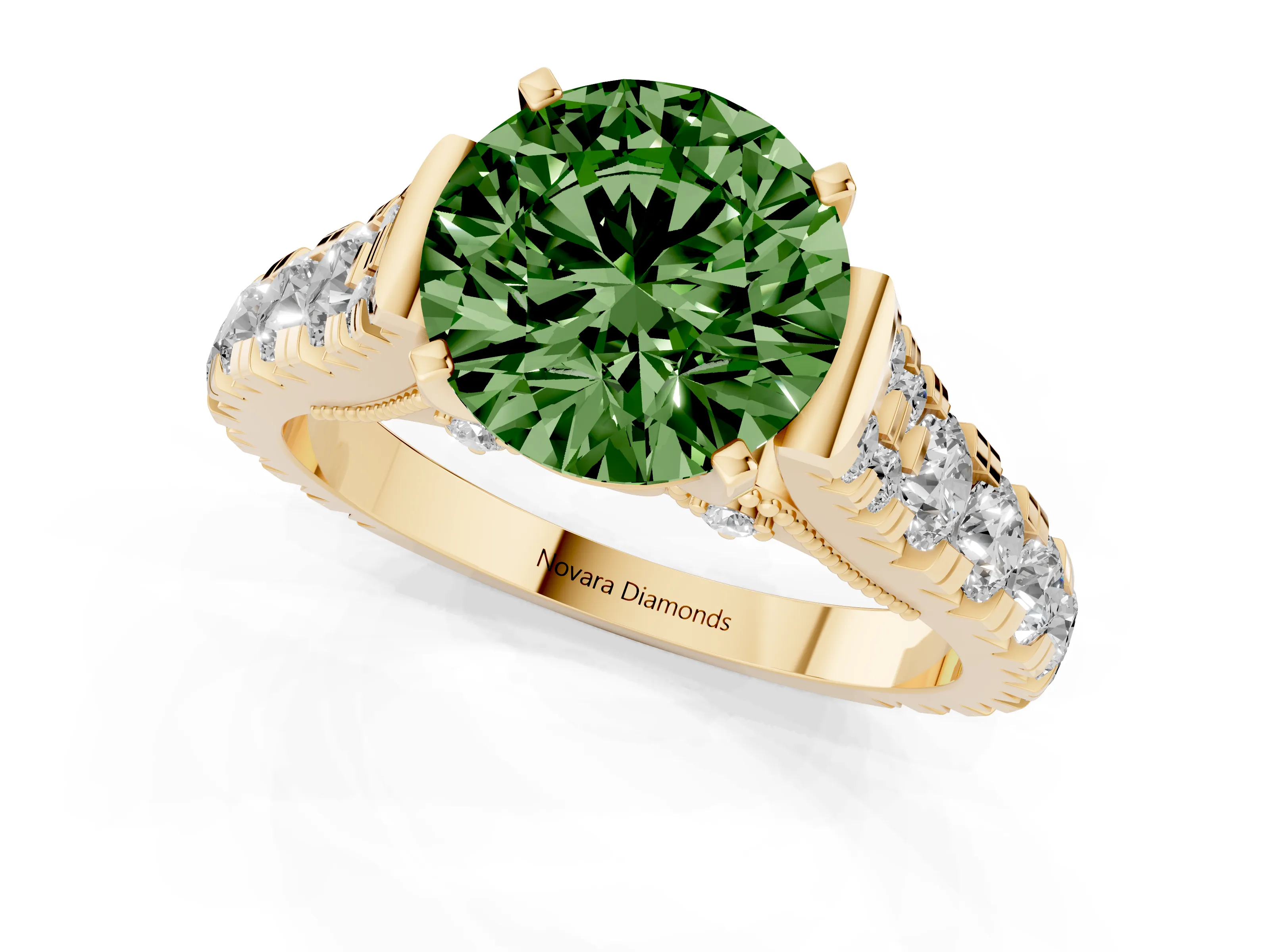 Fancy Green Round Cut Diamond Classic Solitaire Ring Set in Yellow gold with Pavé Band and Prong Setting