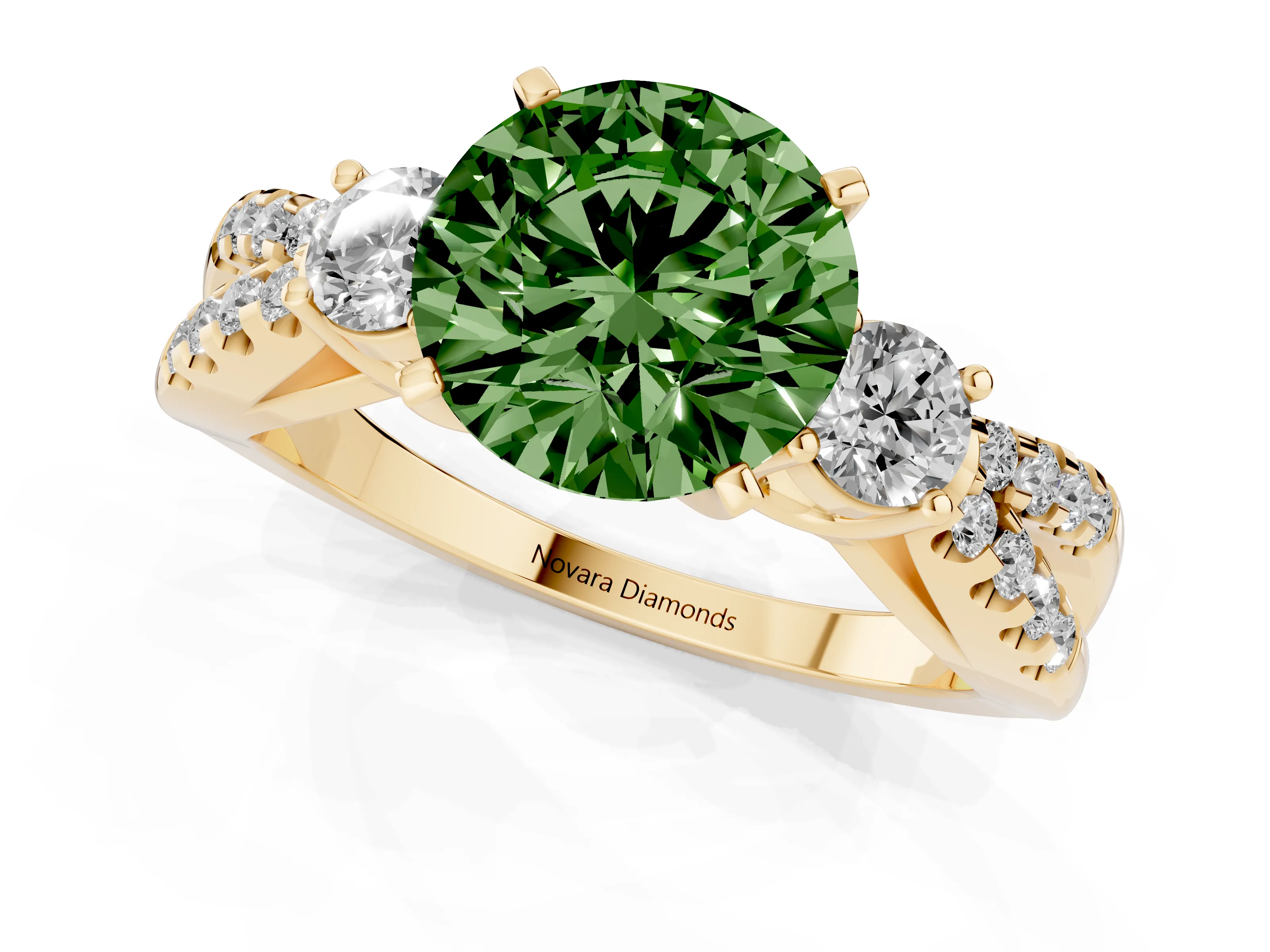 Fancy Green Round Cut Diamond Three-Stone Ring Set in Yellow gold with Pavé Split Shank and Prong Setting
