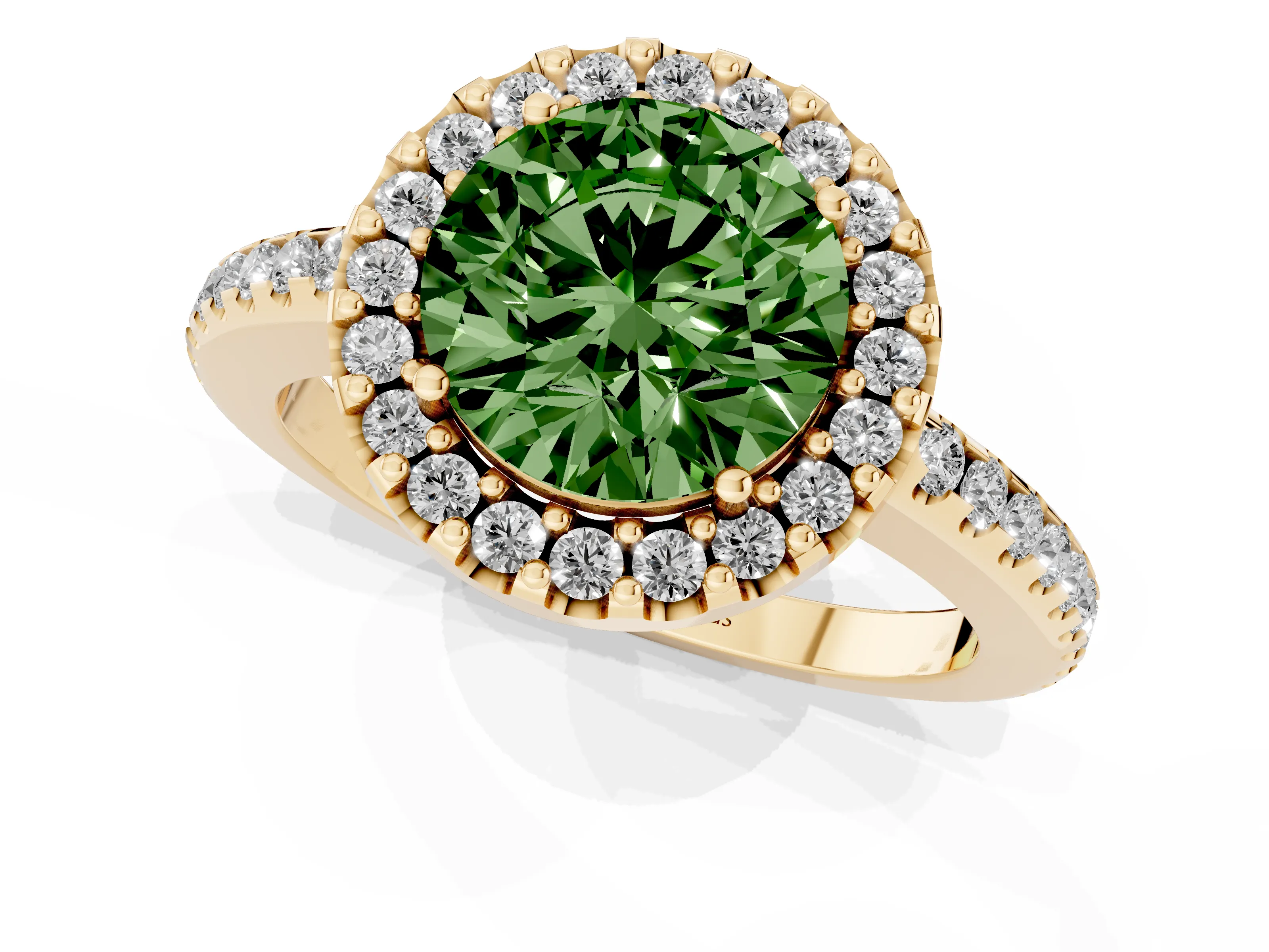 Fancy Green Round Cut Diamond Pavé Halo Ring Set in Yellow gold with Prong Setting