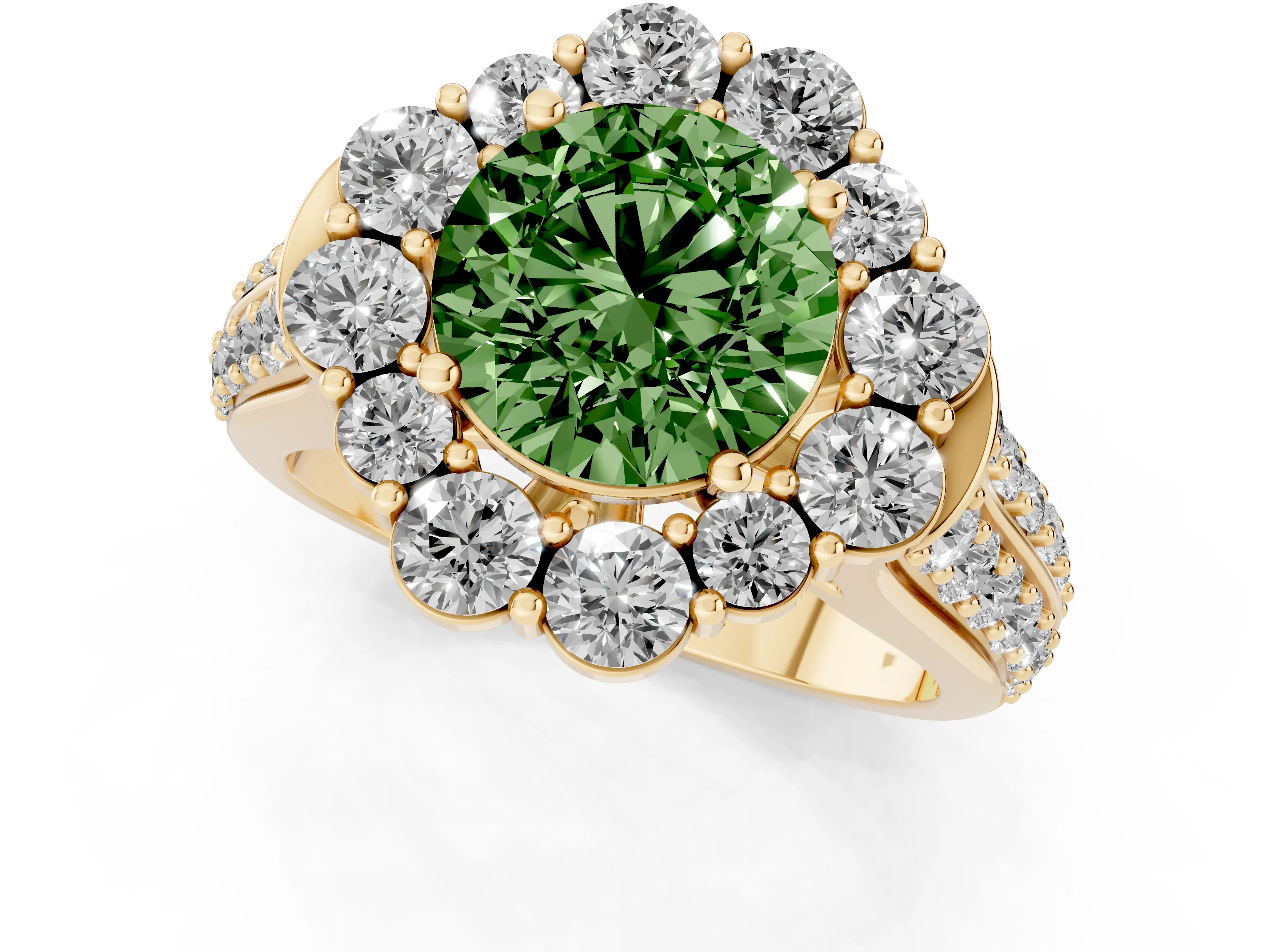 Fancy Green Round Cut Diamond Halo Engagement Ring Set in Yellow gold with Split Shank and Prong Setting