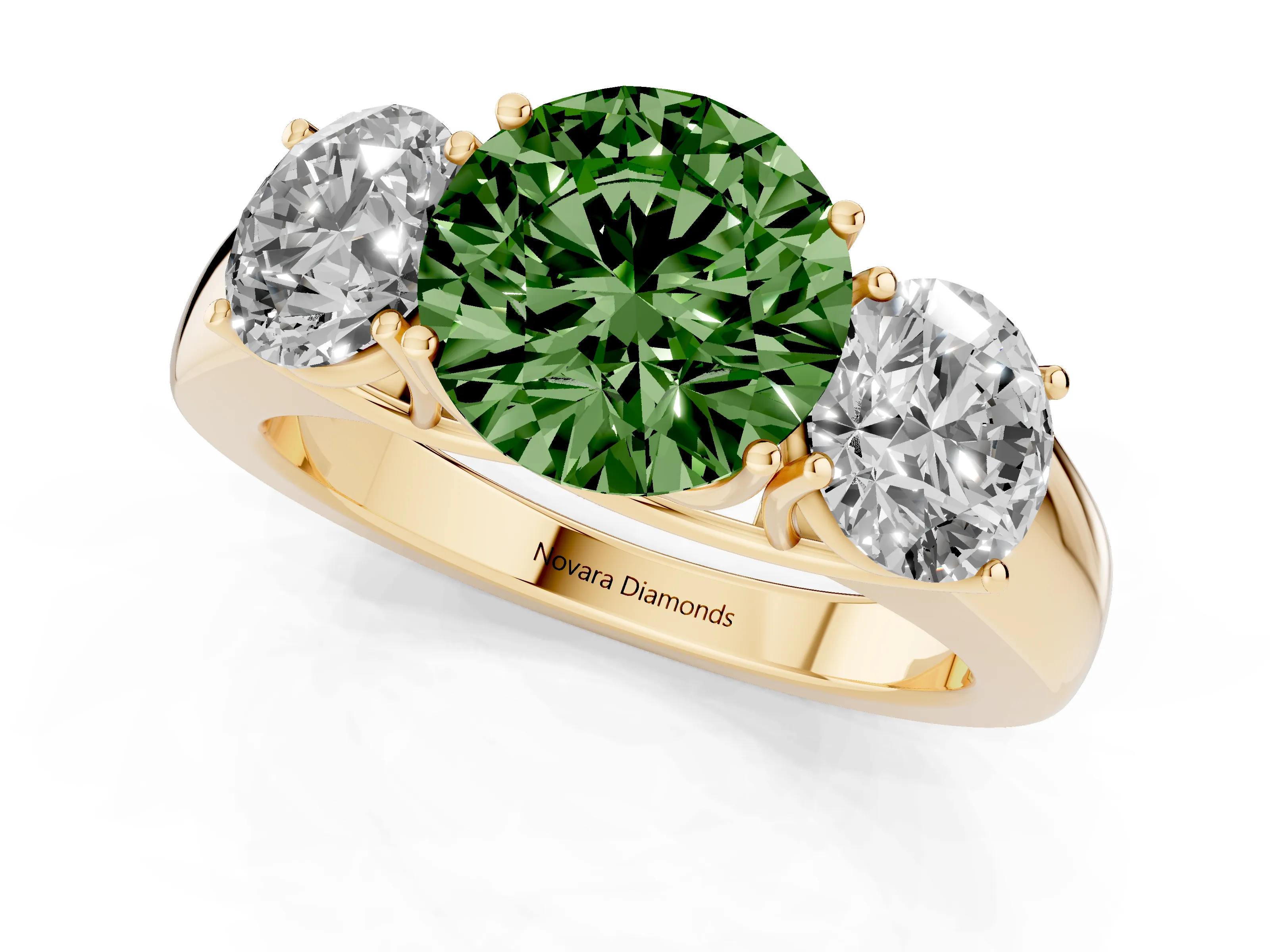 Fancy Green Three-Stone Round Cut Diamond Ring Set in Yellow gold with Matching Prong Settings and Plain Band