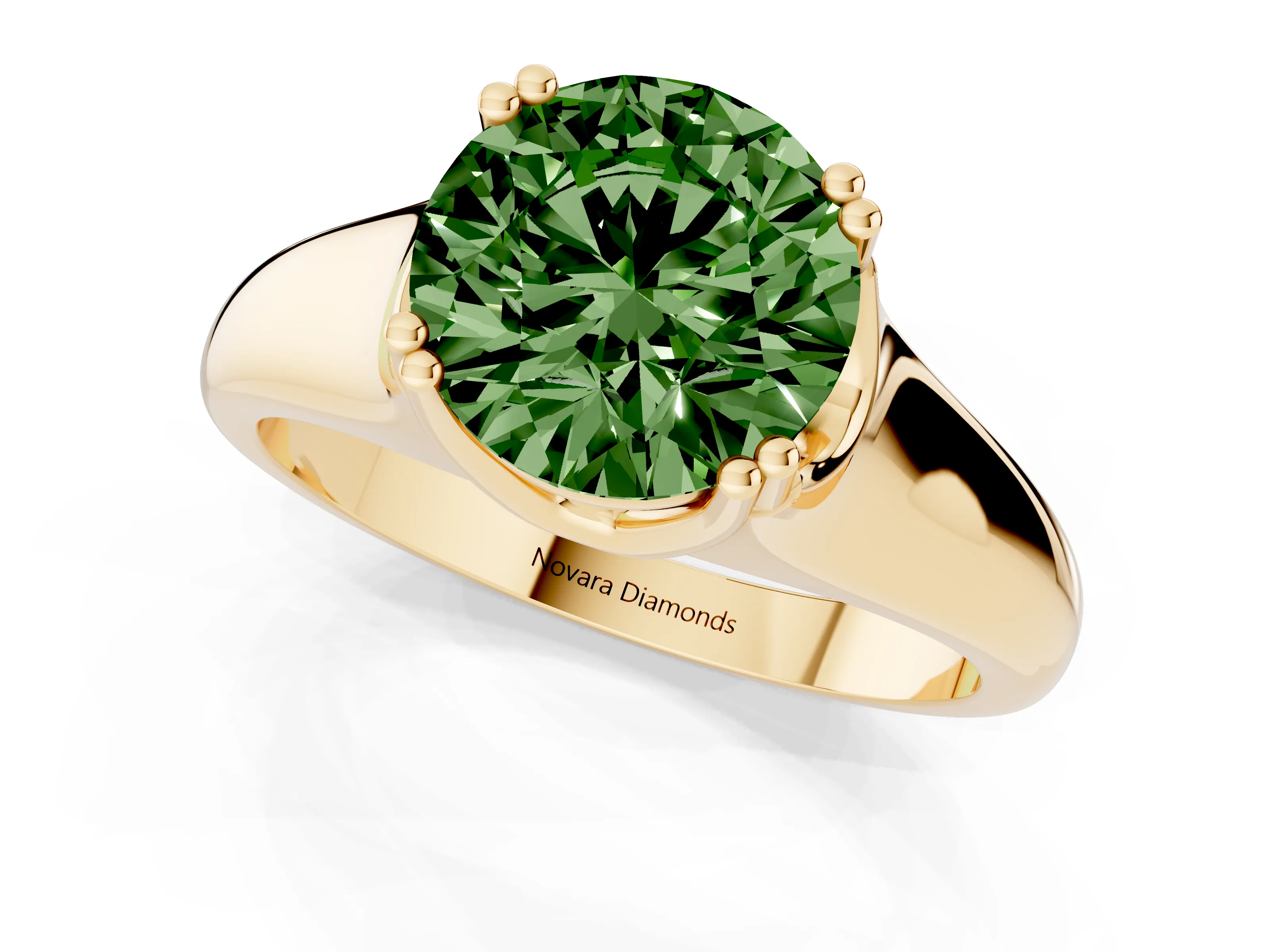 Fancy Green Round Cut Diamond Solitaire Ring Set in Yellow gold with Wide Band and Prong Setting