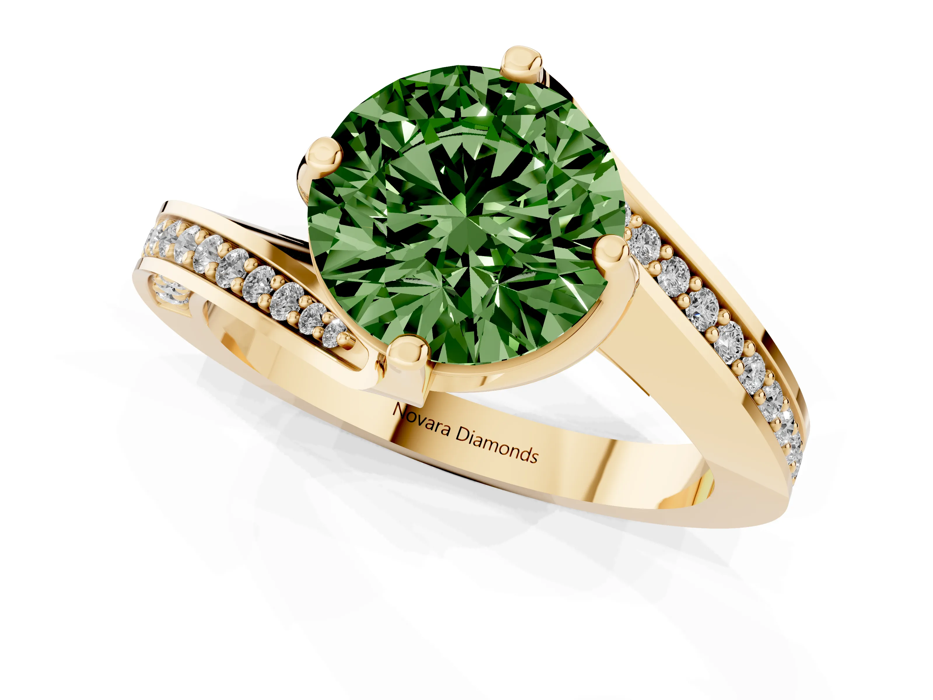 Fancy Green Round Cut Diamond Solitaire Ring Set in Yellow gold with Intertwined Pavé Twist Band
