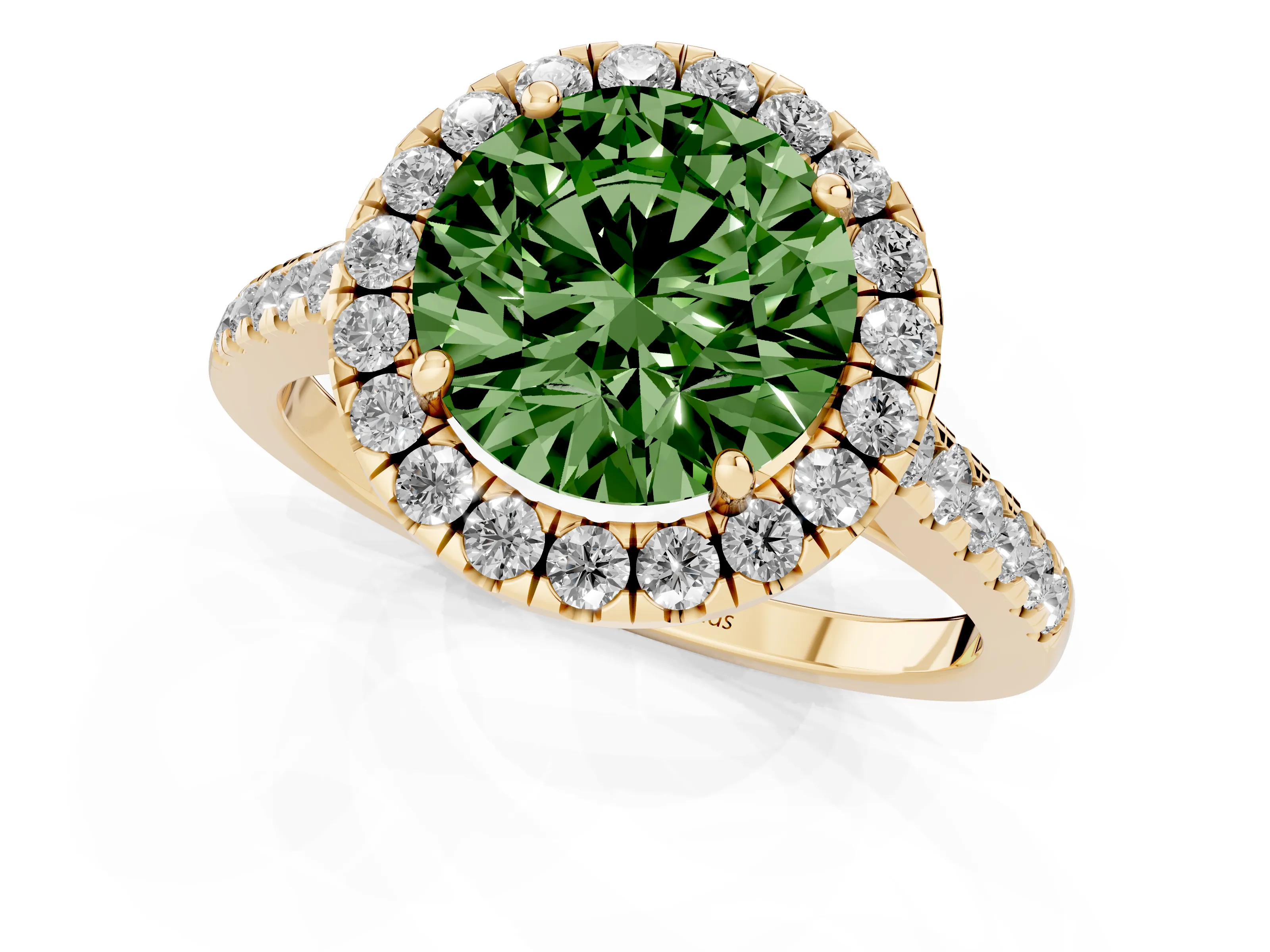 Fancy Green Round Cut Diamond Halo Pavé Engagement Ring Set in Yellow gold with Prong Setting