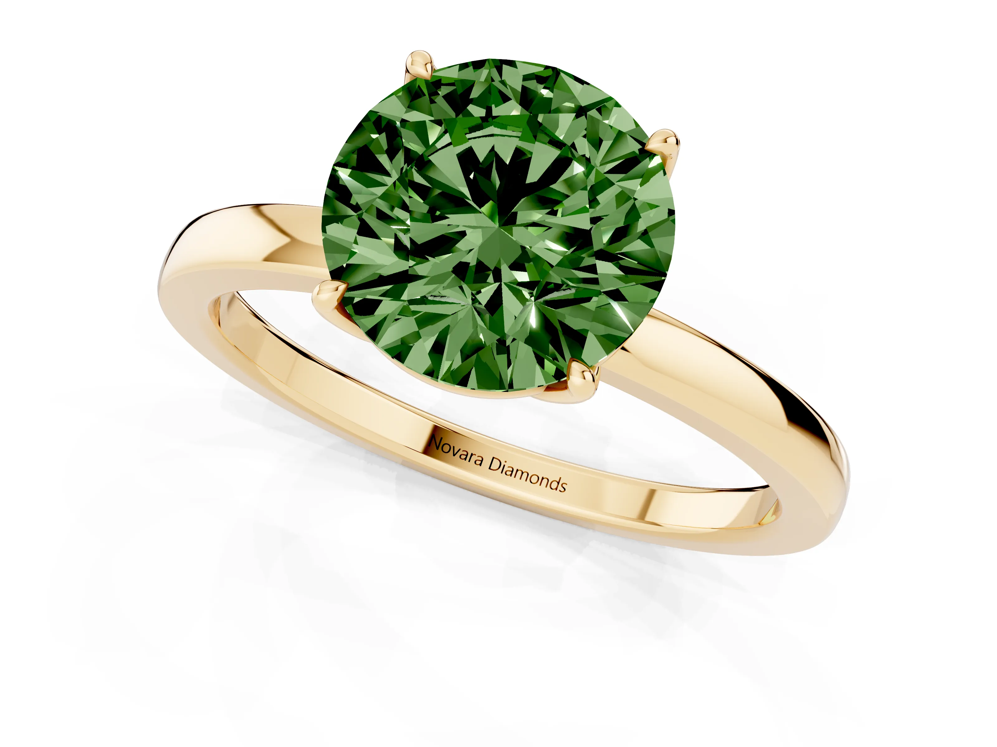 Fancy Green Round Cut Diamond Solitaire Ring Set in Yellow gold with Prong Setting and Thin Polished Band
