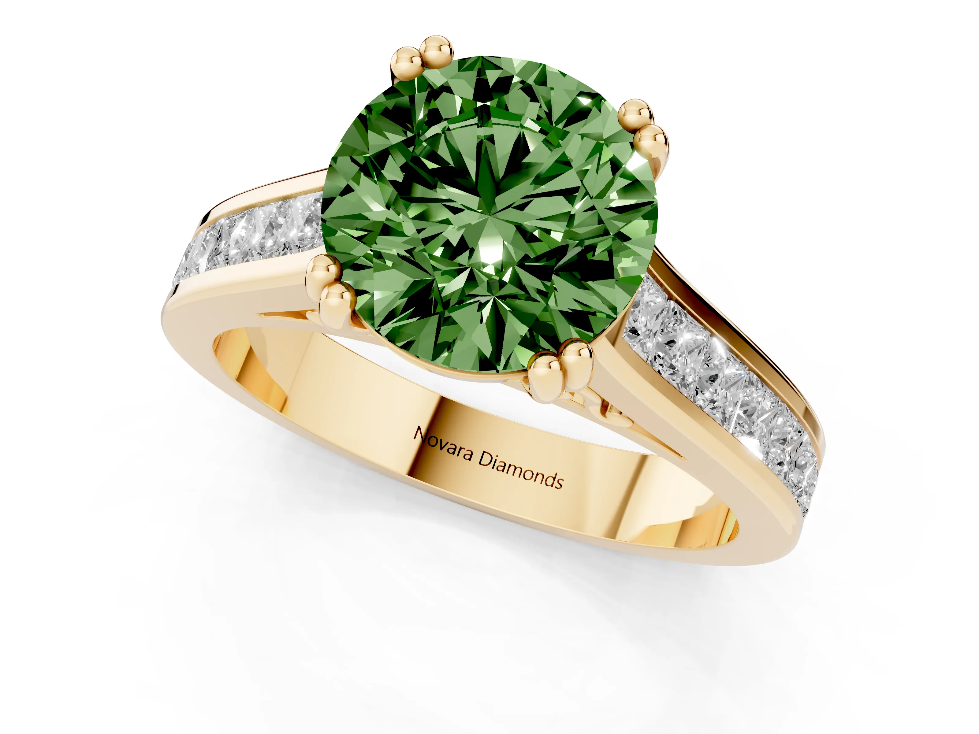 Fancy Green Round Cut Diamond Channel Set Solitaire Engagement Ring Set in Yellow gold with Prong Setting