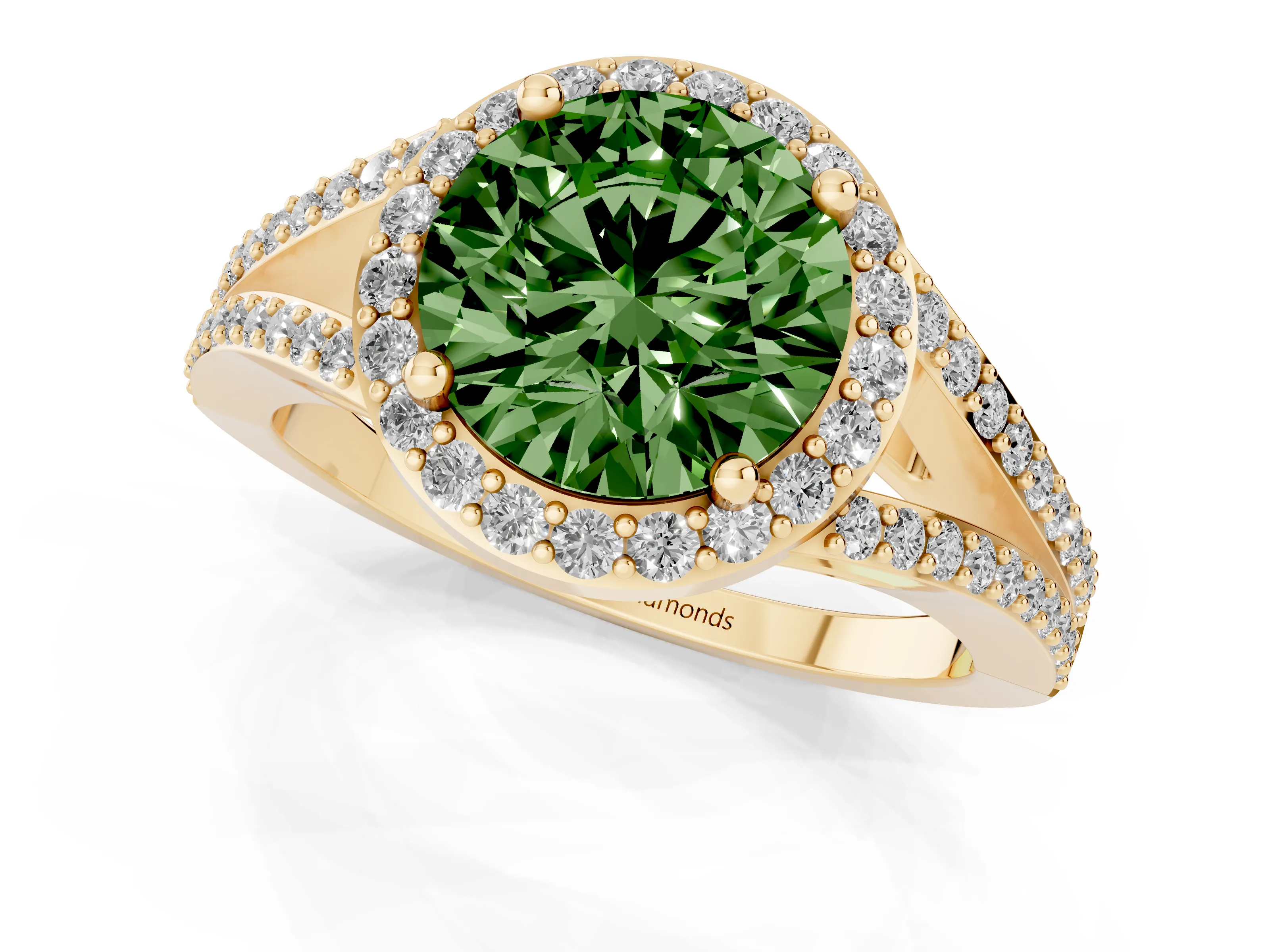 Fancy Green Round Cut Diamond Halo Split Shank Pavé Ring Set in Yellow gold with Prong Setting