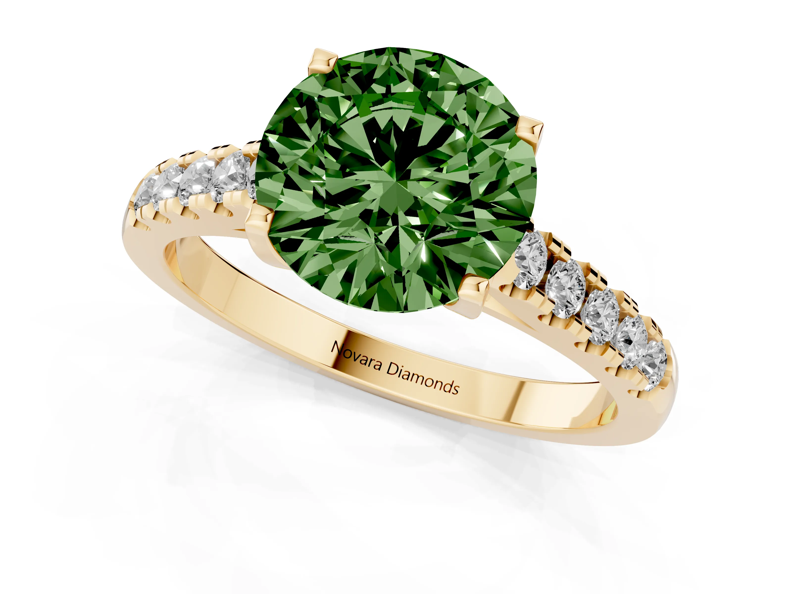 Fancy Green Round Cut Diamond Pavé Band Solitaire Ring Set in Yellow gold with Partway Accent Stones and Prong Setting