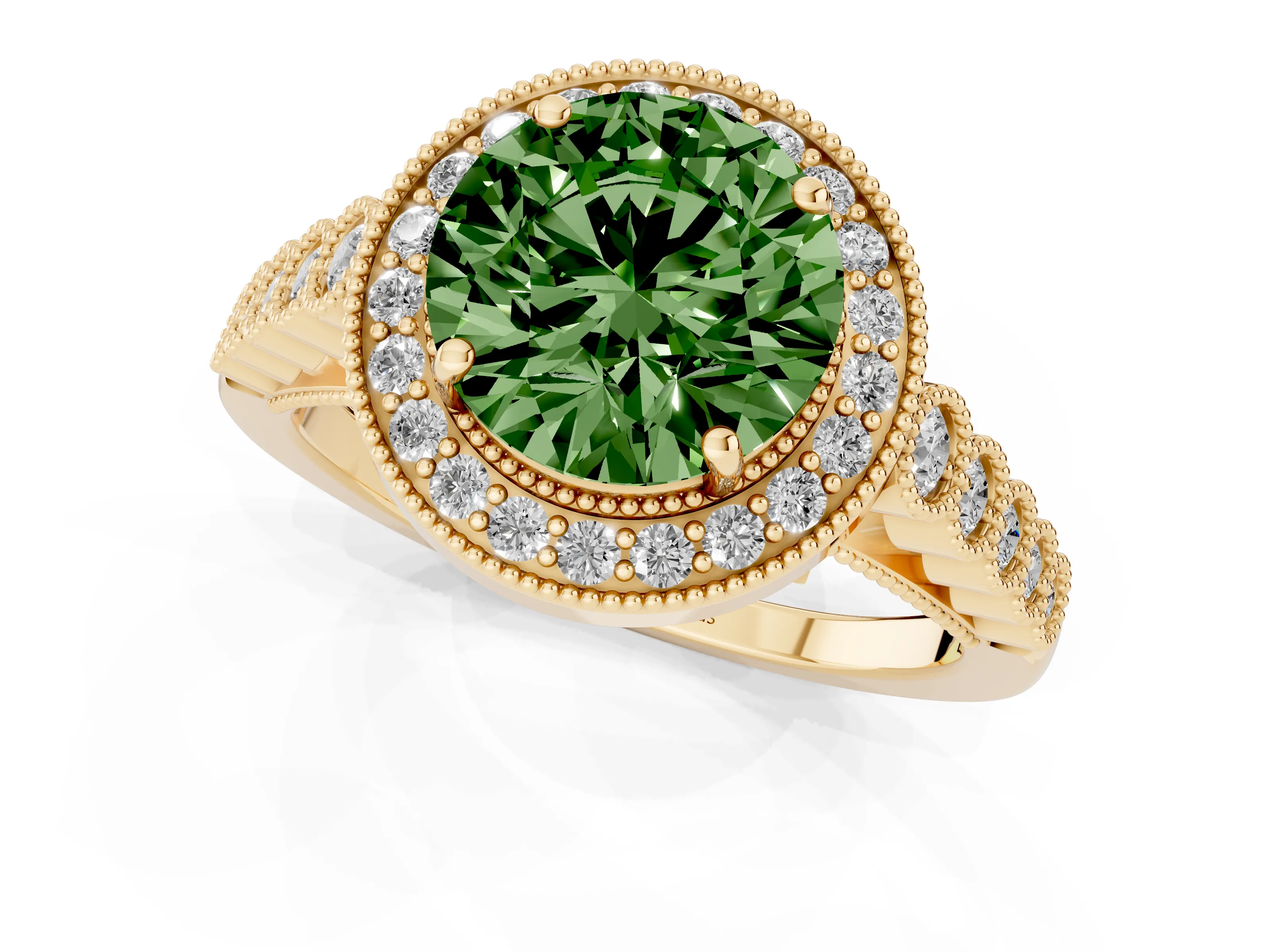 Fancy Green Round Cut Diamond Milgrain Halo Solitaire Ring Set in Yellow gold with Bezel Set Side Stones and Pavé Band