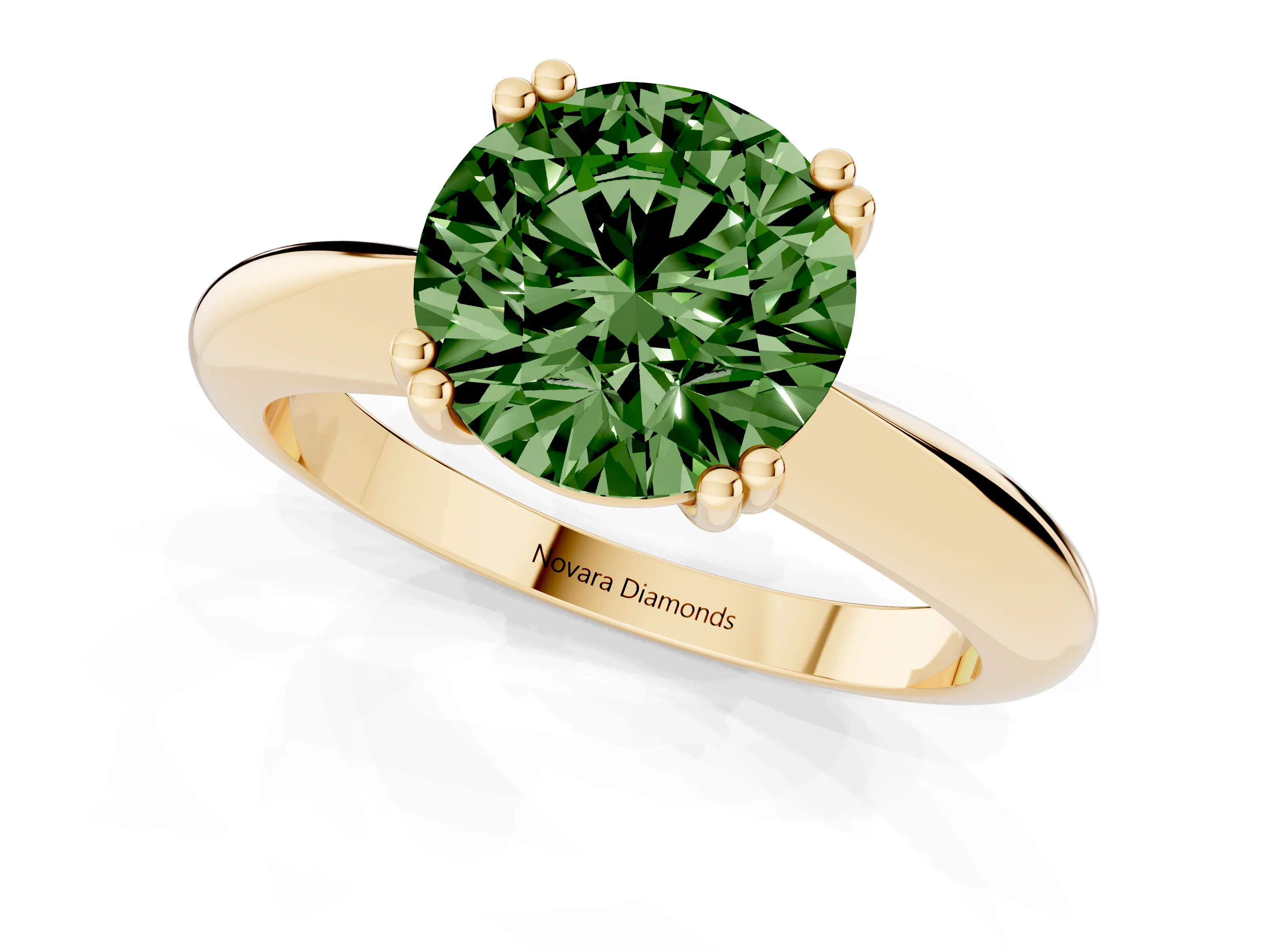 Fancy Green Round Cut Diamond Solitaire Engagement Ring Set in Yellow gold with Tapered Band and Prong Setting