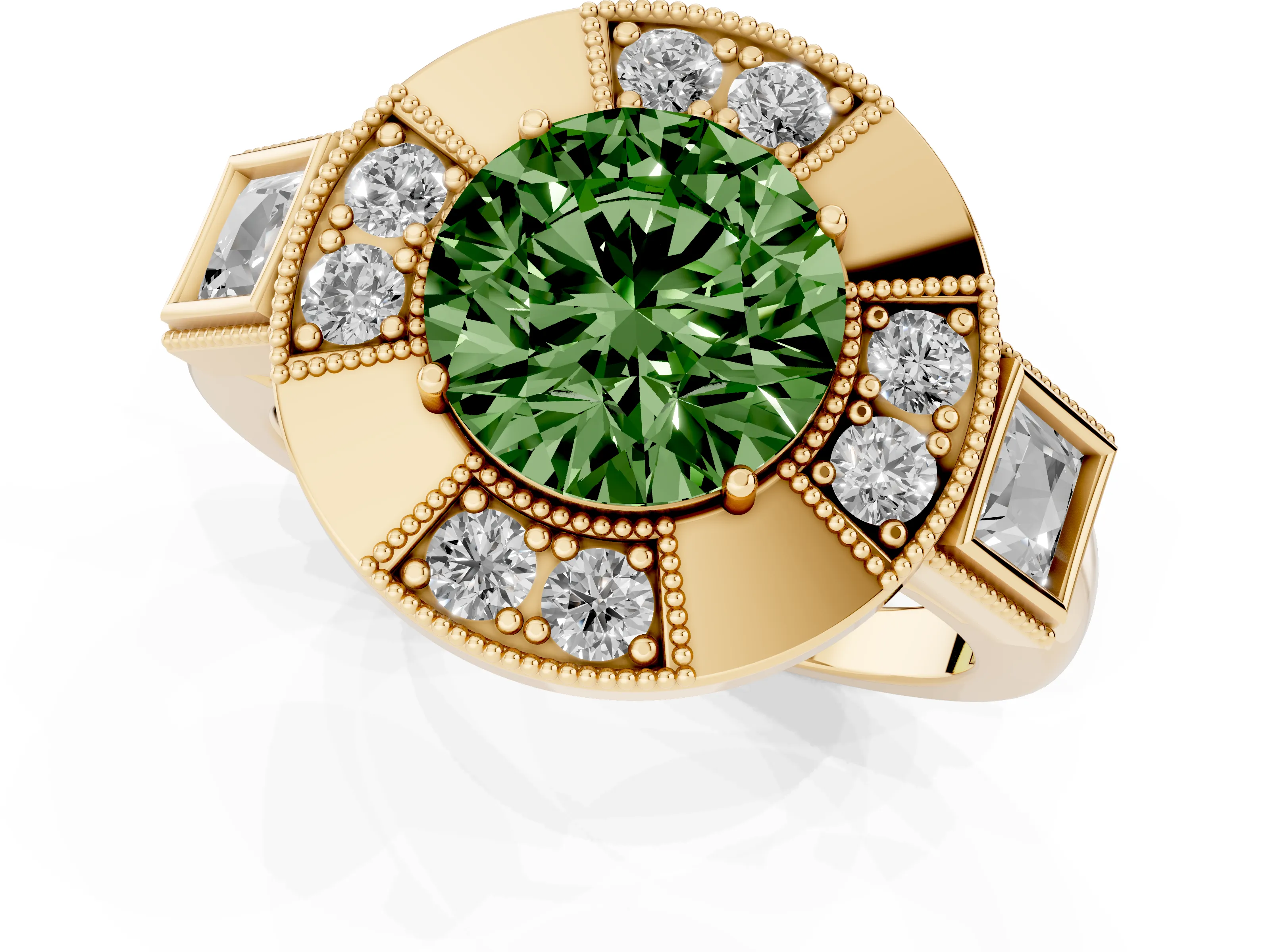 Fancy Green Round Cut Diamond Milgrain Halo Ring Set in Yellow gold with Split Shank