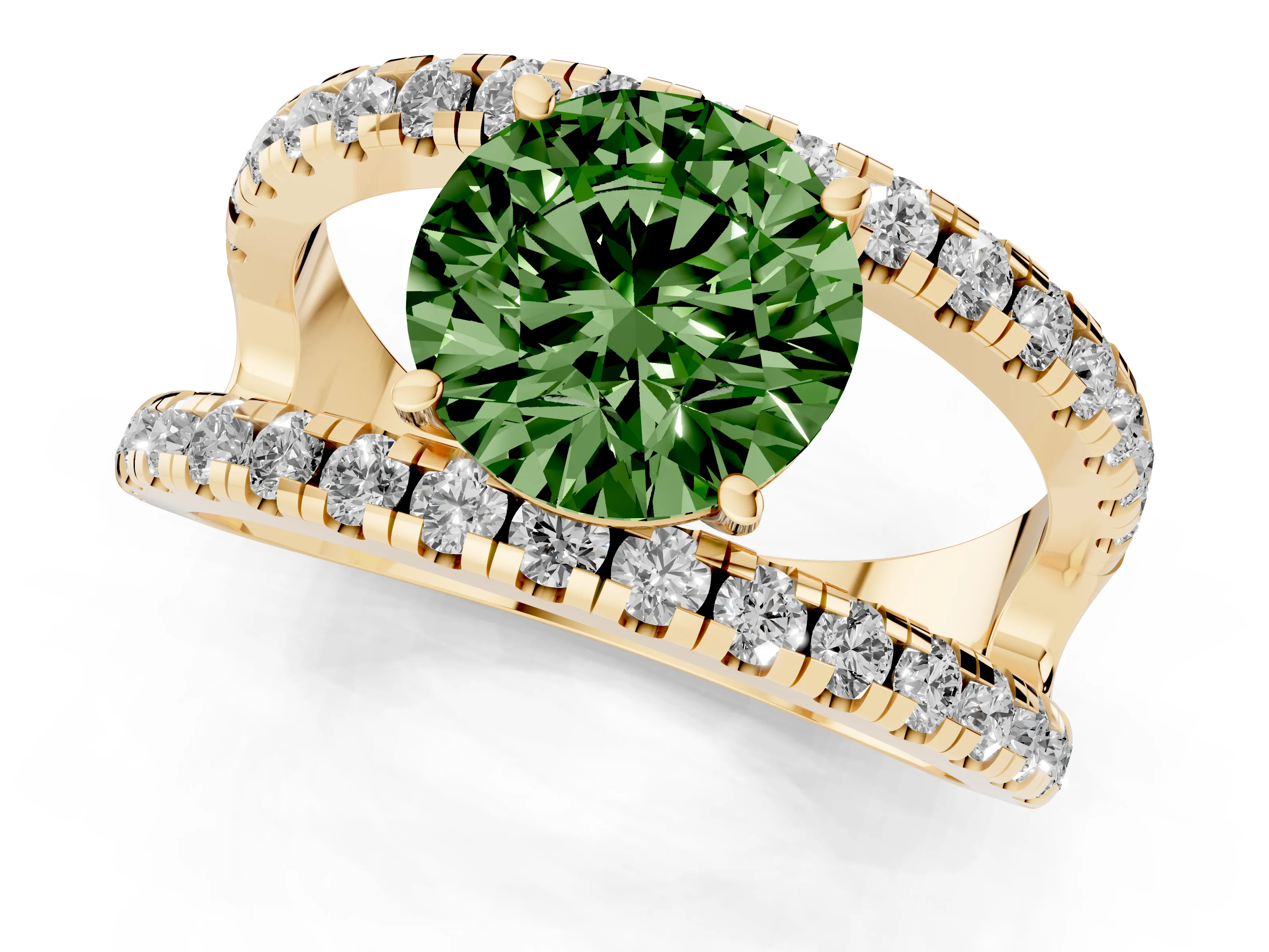 Fancy Green Round Cut Diamond Split Shank Pavé Solitaire Ring Set in Yellow gold with Open Shank Design