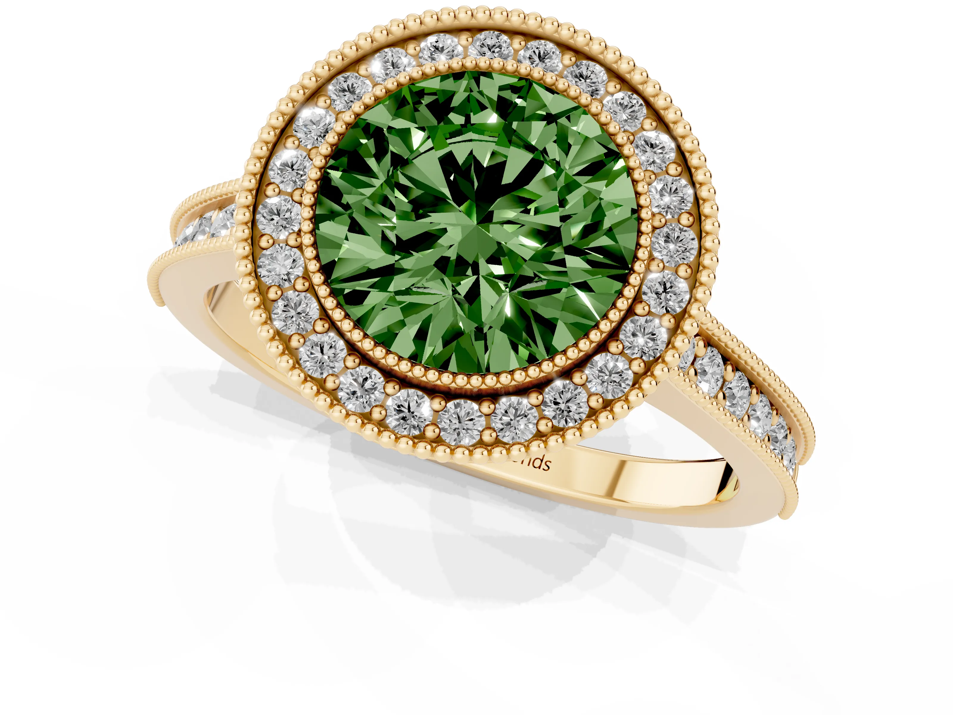 Fancy Green Round Cut Diamond Halo Milgrain Pavé Band Ring Set in Yellow gold with Prong Setting