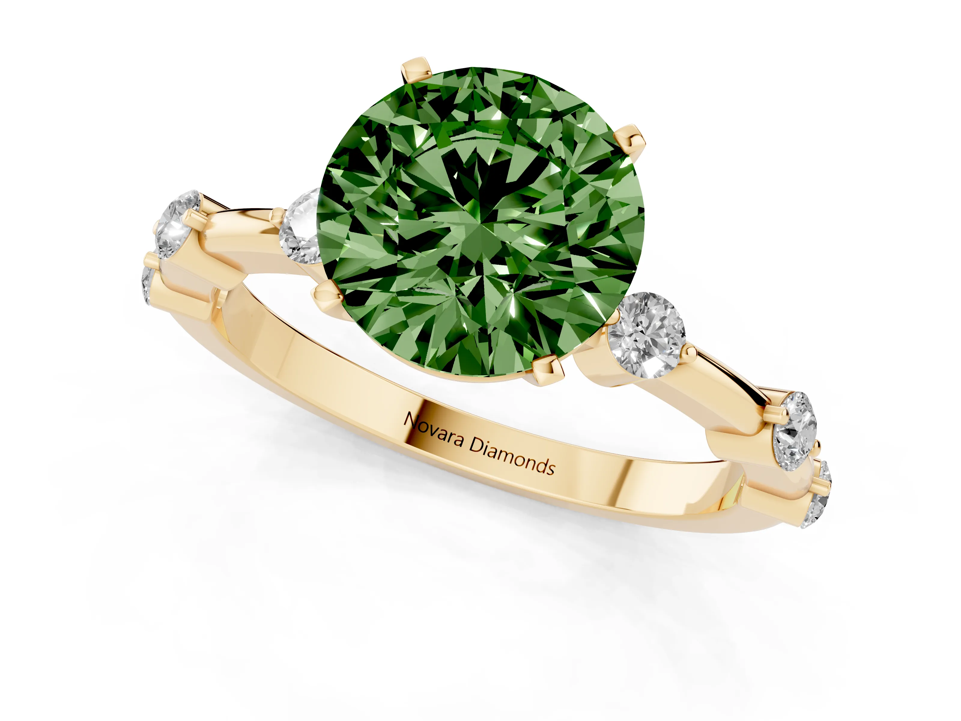 Fancy Green Round Cut Diamond Solitaire Ring Set in Yellow gold with Bezel Set Side Stones and Prong Setting