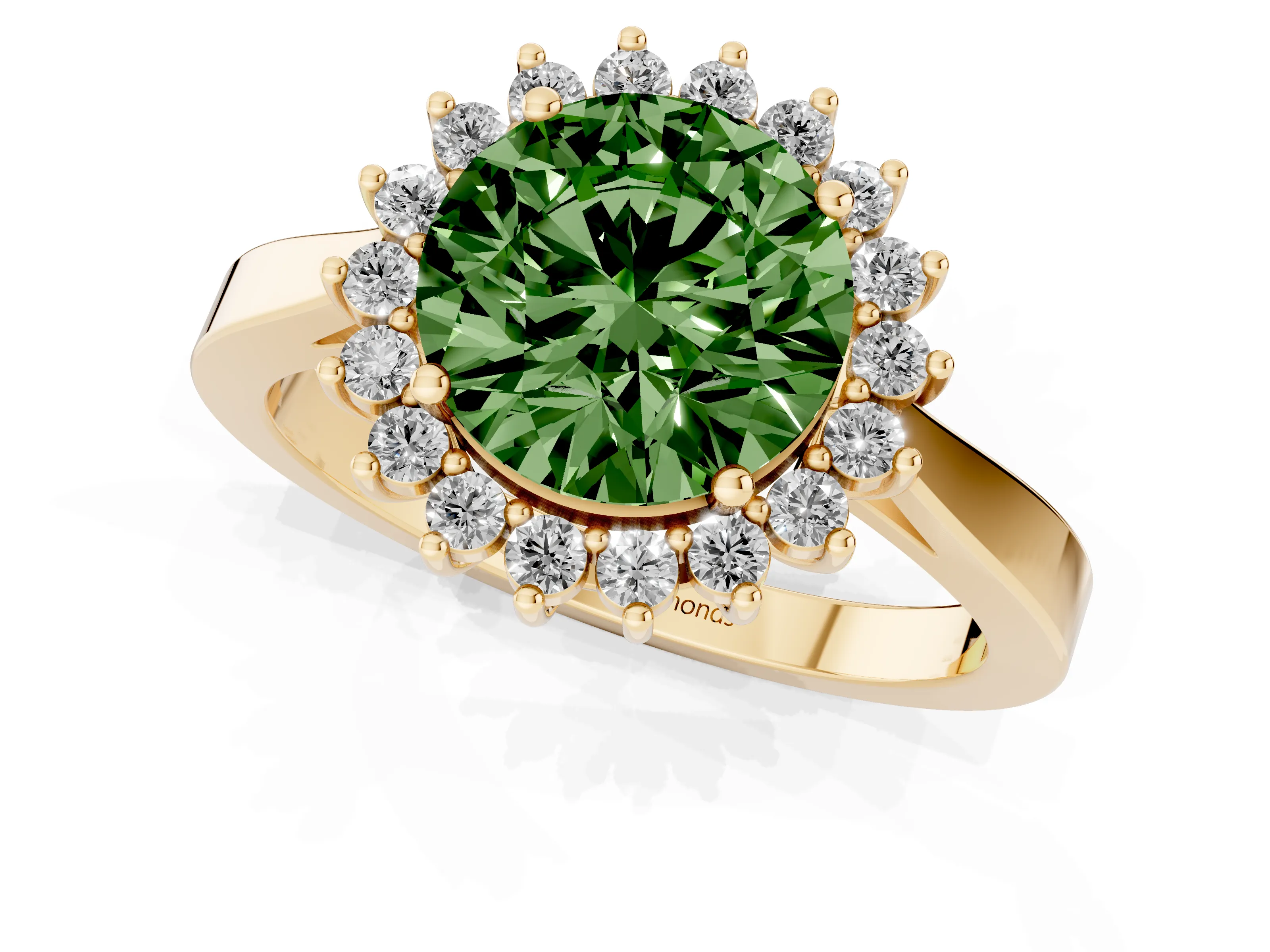 Fancy Green Round Cut Diamond Halo Ring Set in Yellow gold with Round Halo and Smooth Solitaire Band