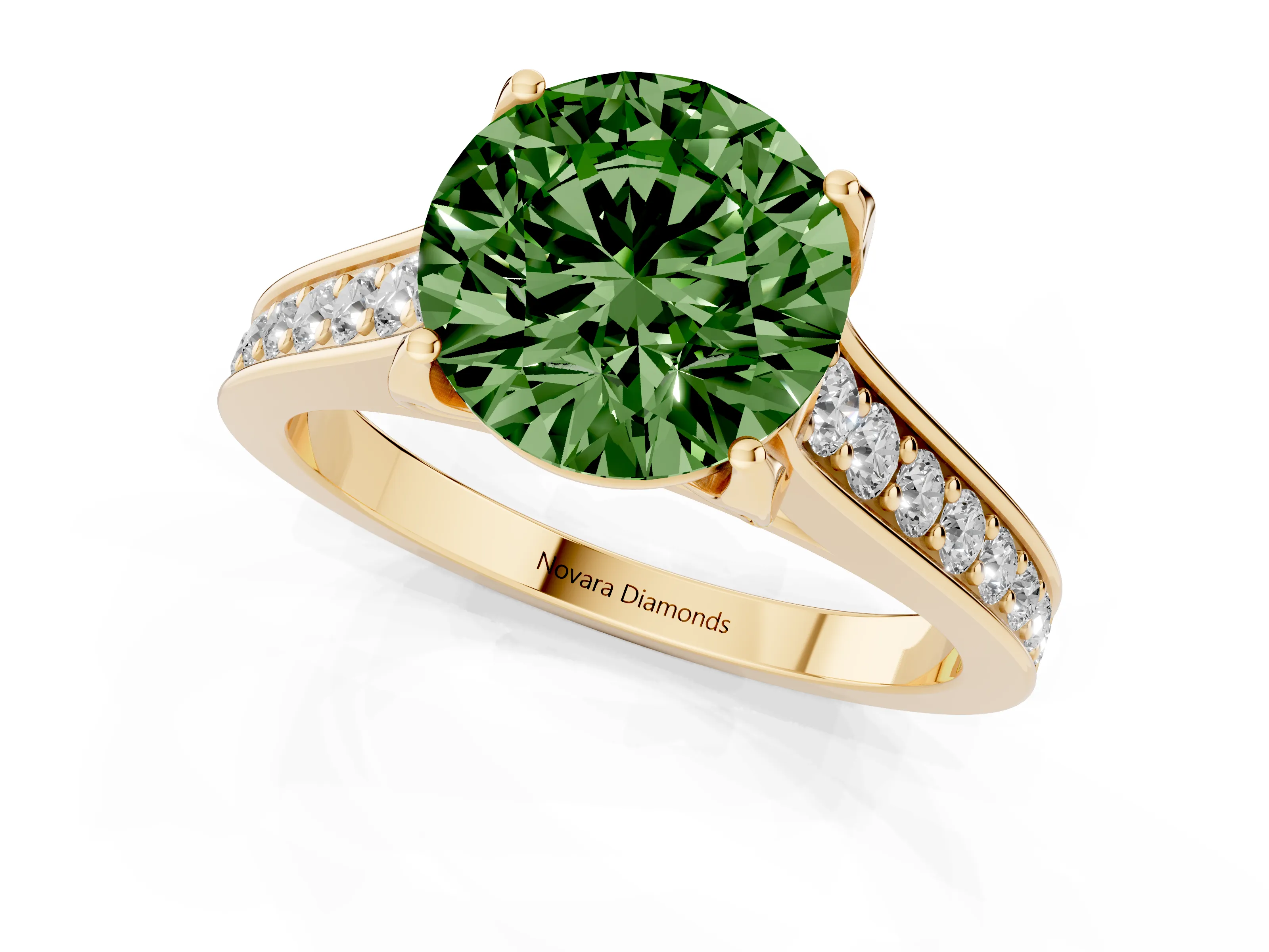 Fancy Green Round Cut Diamond Solitaire Pavé Engagement Ring Set in Yellow gold with Prong Setting