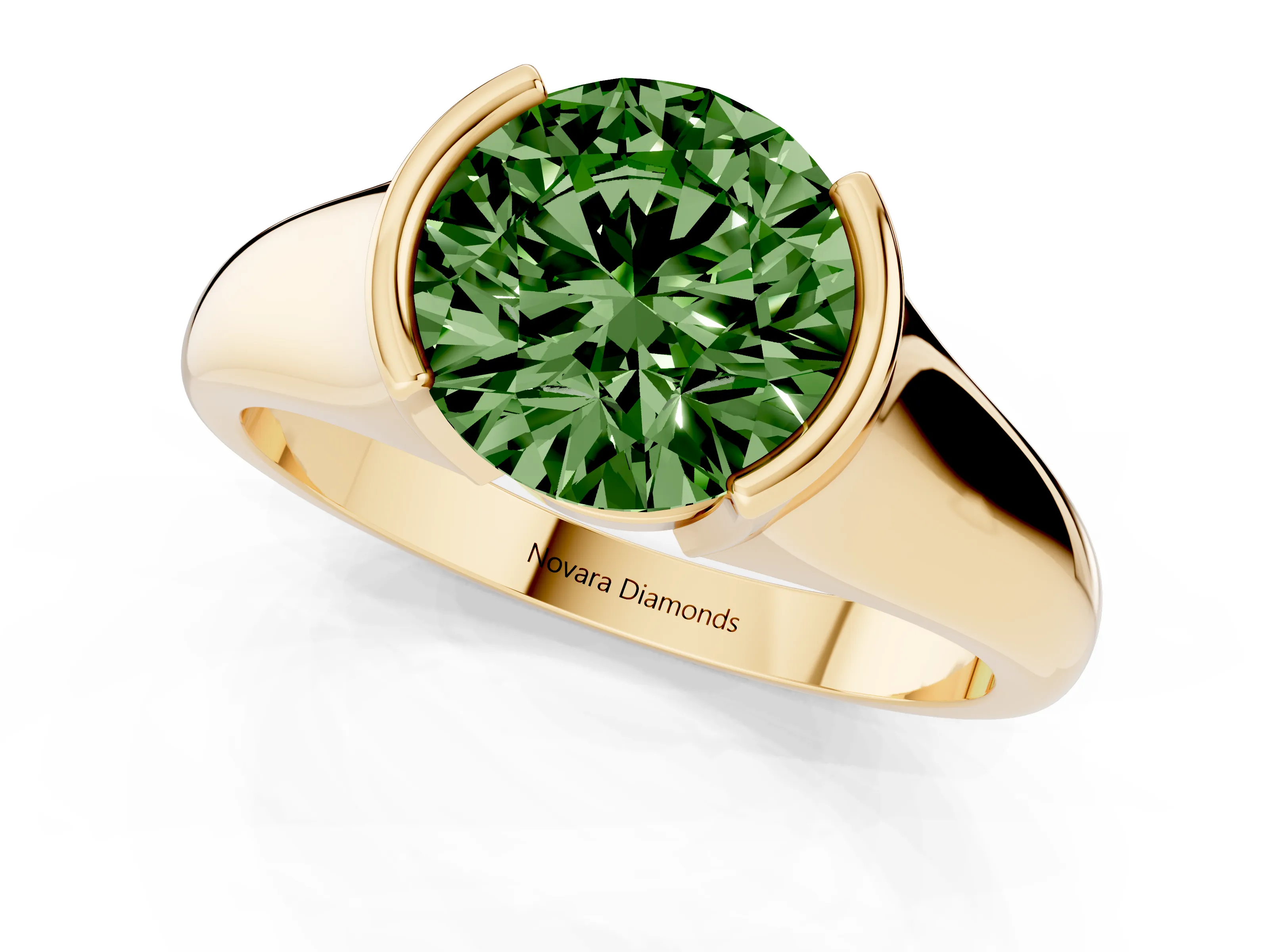 Fancy Green Round Cut Diamond Solitaire Tension Set Ring Set in Yellow gold with Split Shank Band