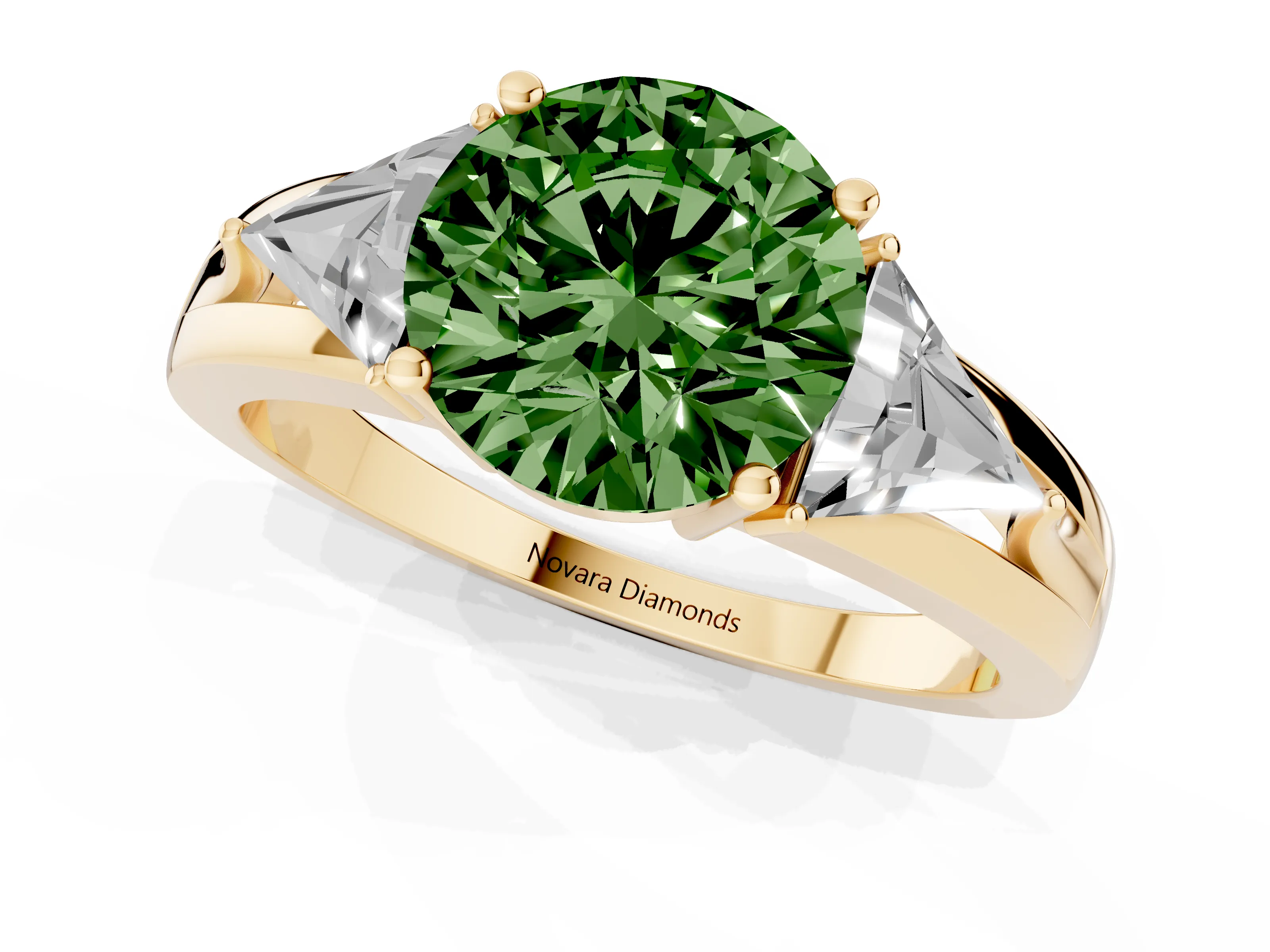 Fancy Green Round Cut Diamond Three-Stone Ring Set in Yellow gold with Trillion Side Stones and Split Shank