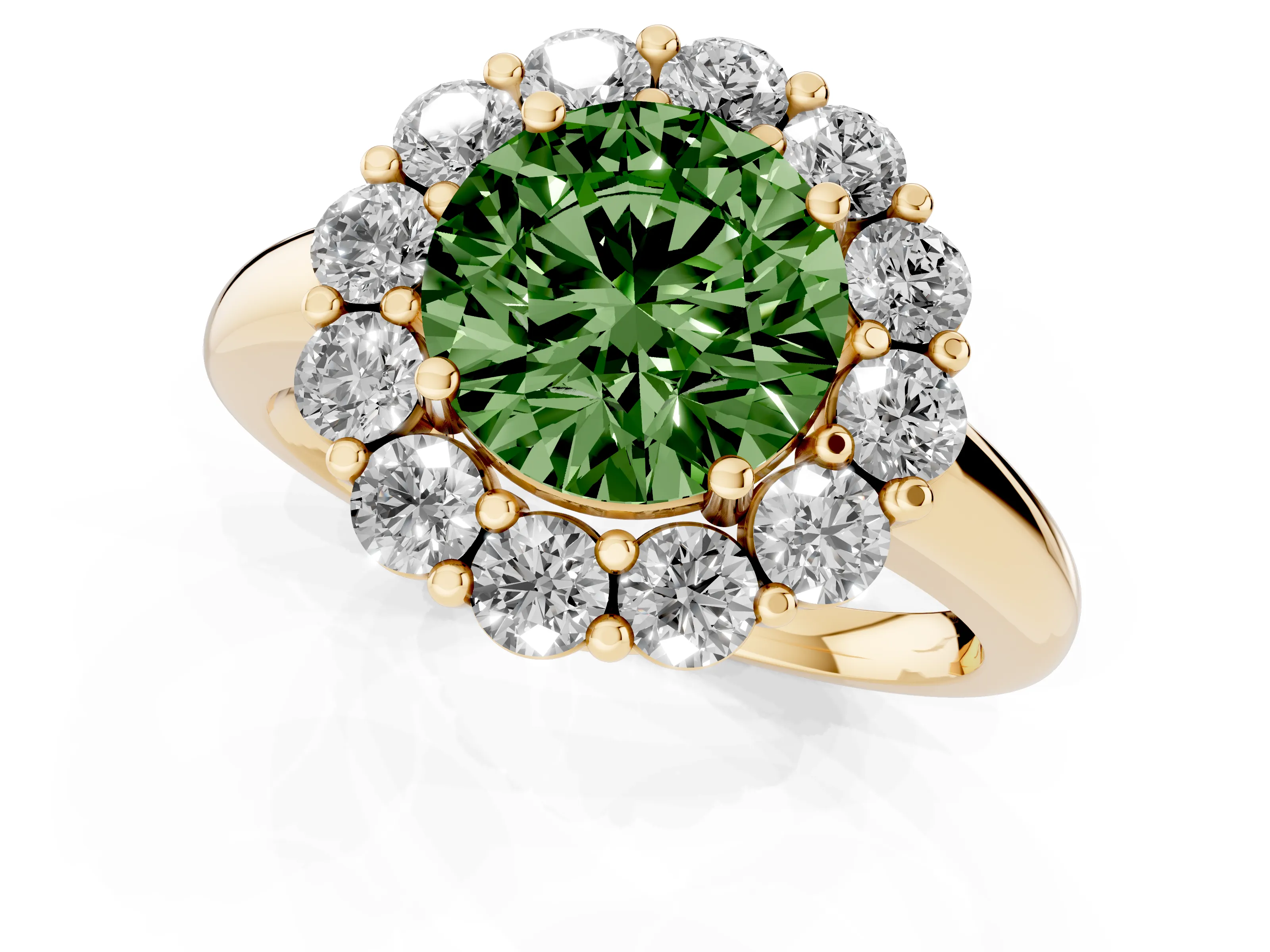 Fancy Green Round Cut Diamond Halo Cluster Engagement Ring Set in Yellow gold with Polished Band and Prong Setting