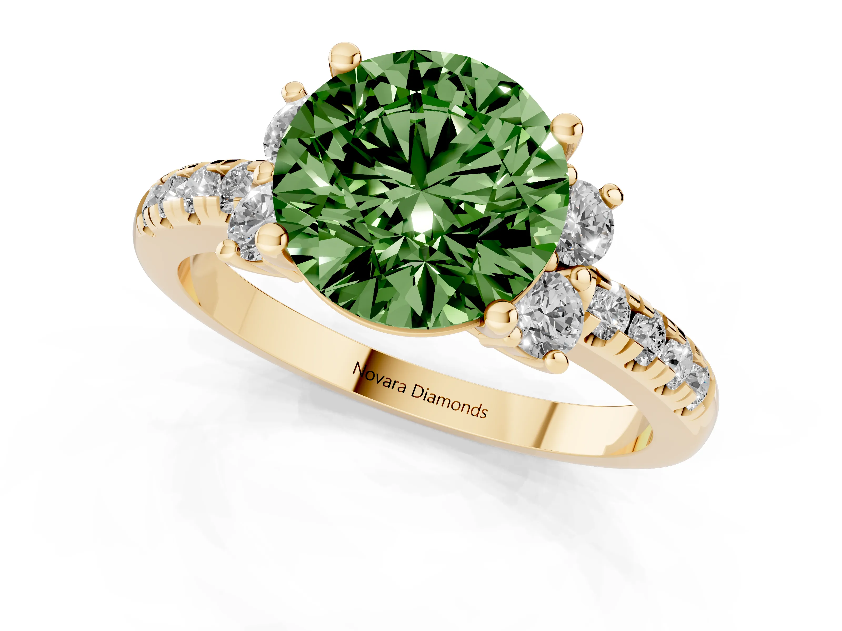 Fancy Green Round Cut Diamond Three-Stone Pavé Ring Set in Yellow gold with Prong Setting