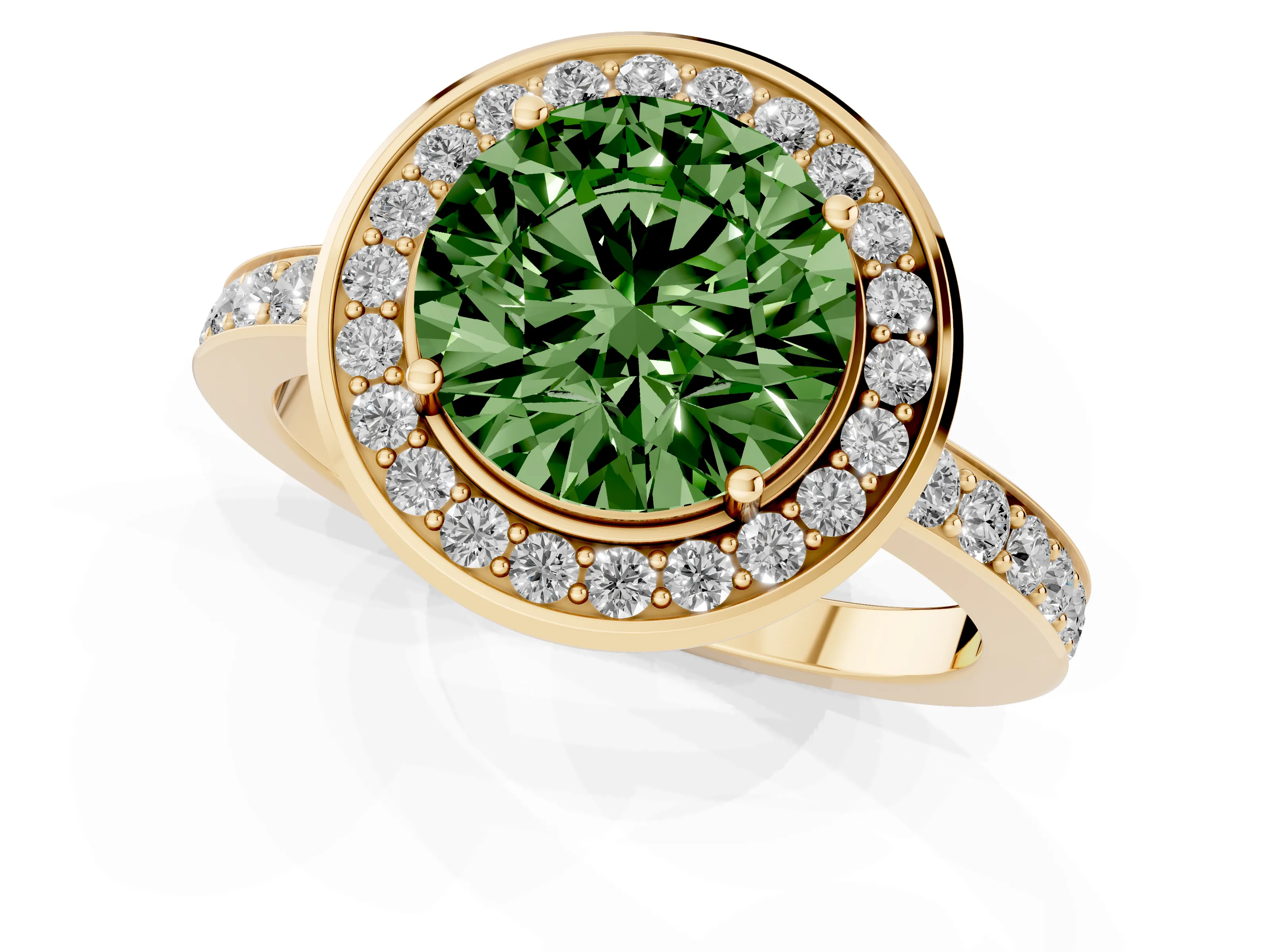 Fancy Green Round Cut Diamond Halo Ring Set in Yellow gold with Bezel Frame and Pavé Band