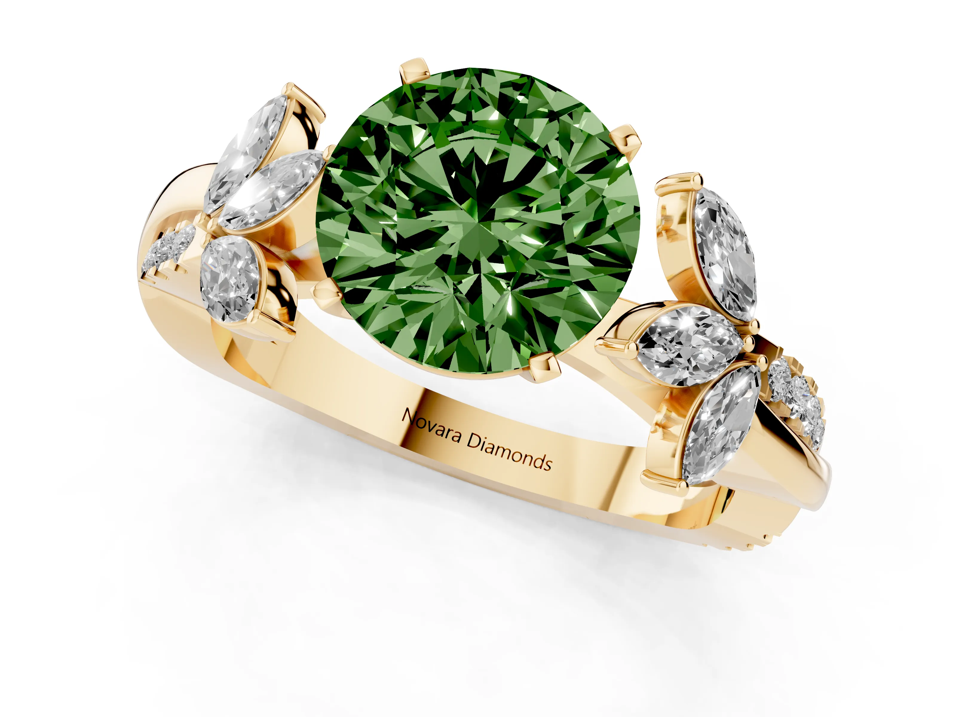Fancy Green Round Cut Diamond Floral Vine Solitaire Engagement Ring Set in Yellow gold with Marquise Leaves