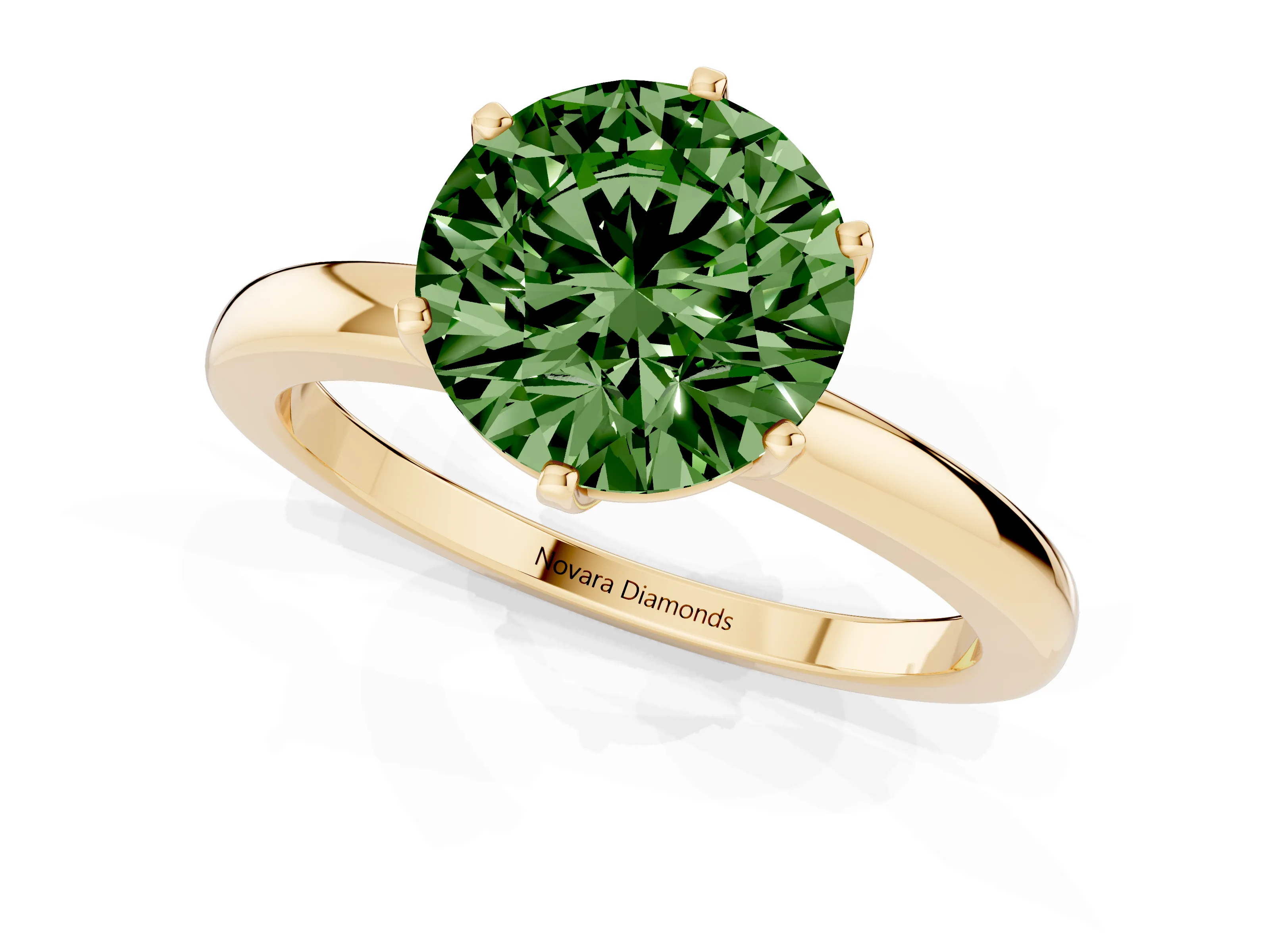 Fancy Green Round Cut Diamond Solitaire Ring Set in Yellow gold with Raised Prong Setting on a Classic Band