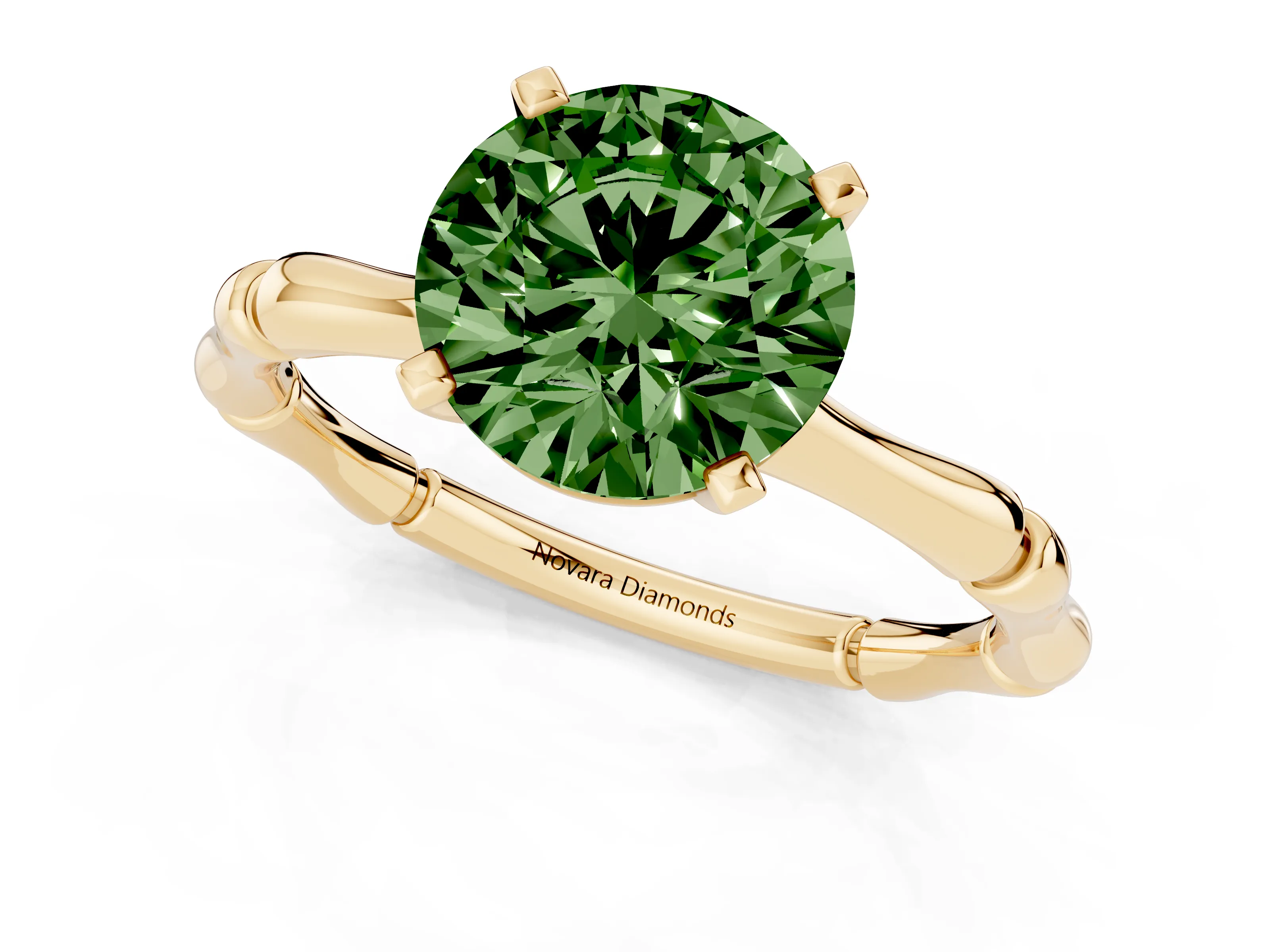 Fancy Green Round Cut Diamond Solitaire Ring Set in Yellow gold with Bamboo Band and Prong Setting