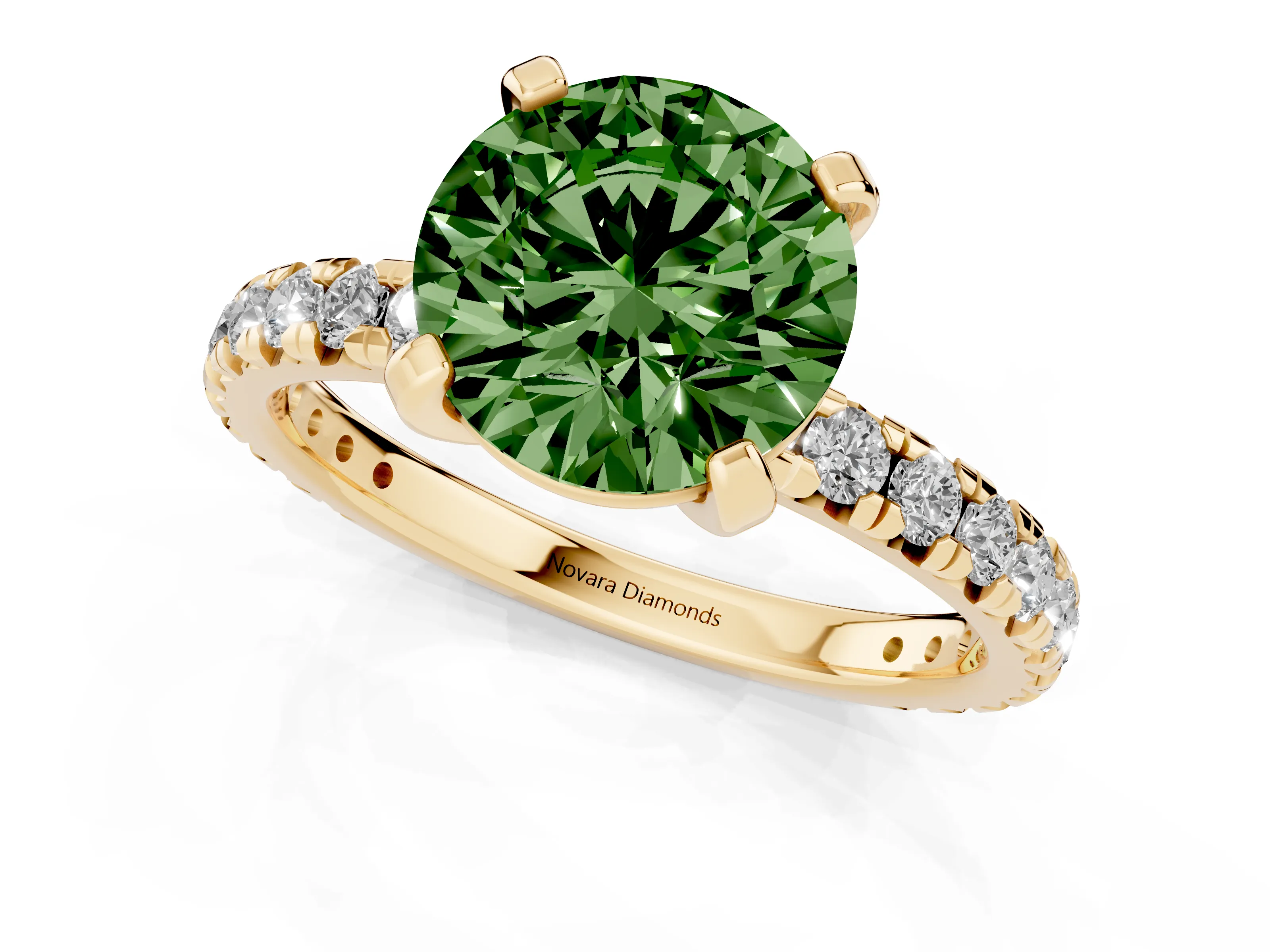 Fancy Green Round Cut Diamond Pavé Solitaire Ring Set in Yellow gold with Round Band and Prong Setting – second view