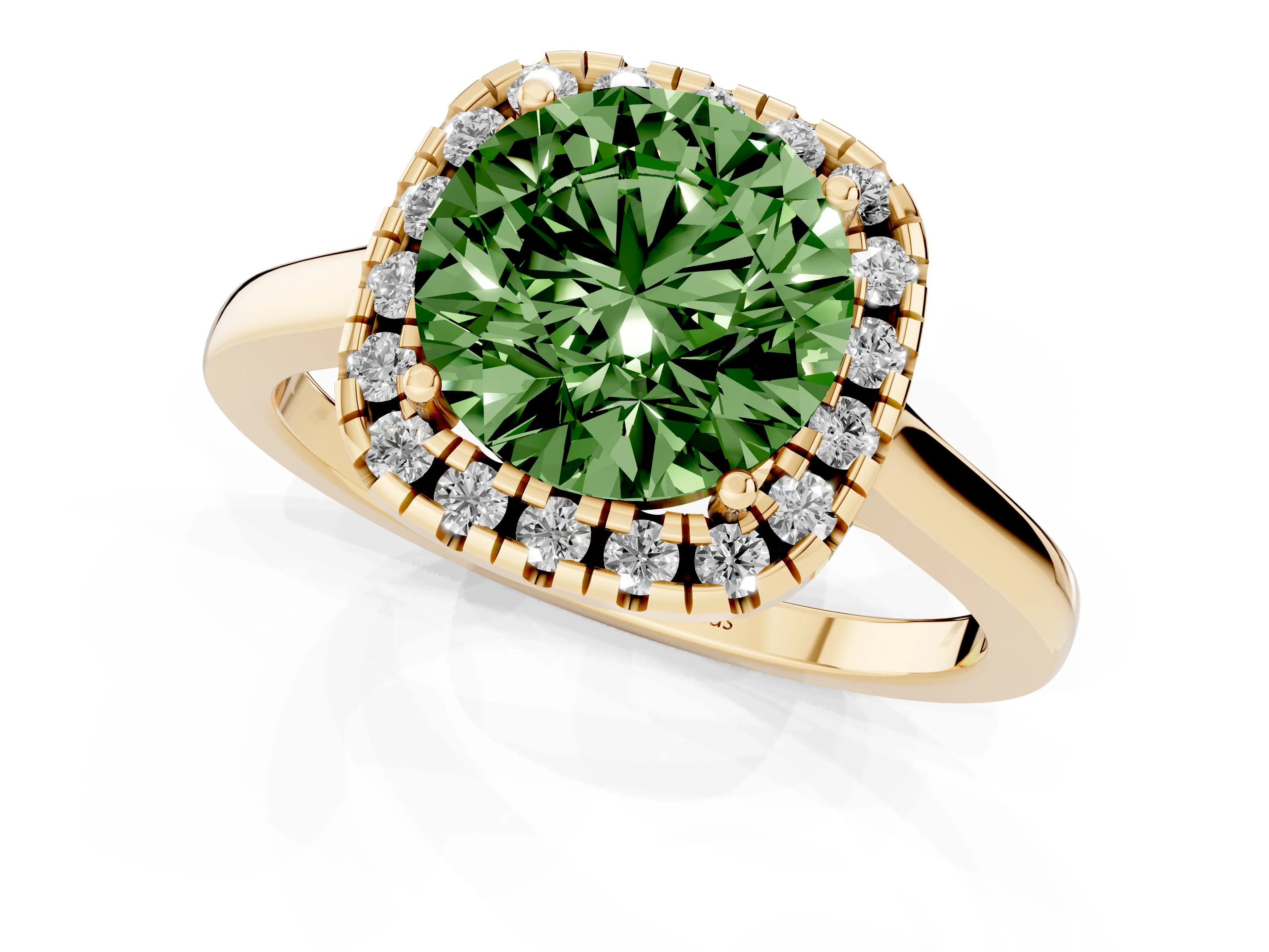 Fancy Green Round Cut Halo Round Diamond Solitaire Ring Set in Yellow gold with Pavé Band and Prong Setting