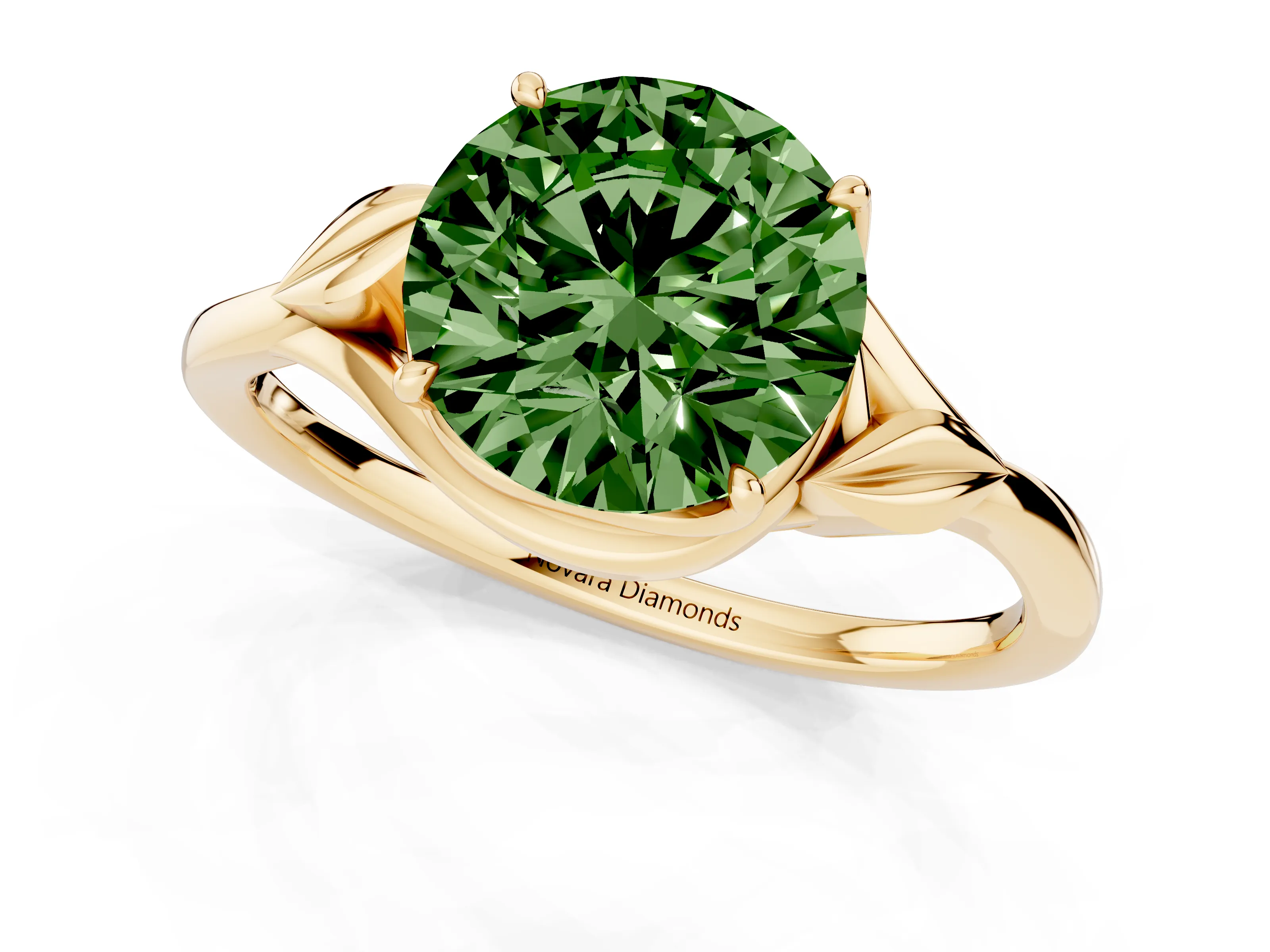 Fancy Green Round Cut Diamond Solitaire Ring Set in Yellow gold with Polished Twist Band