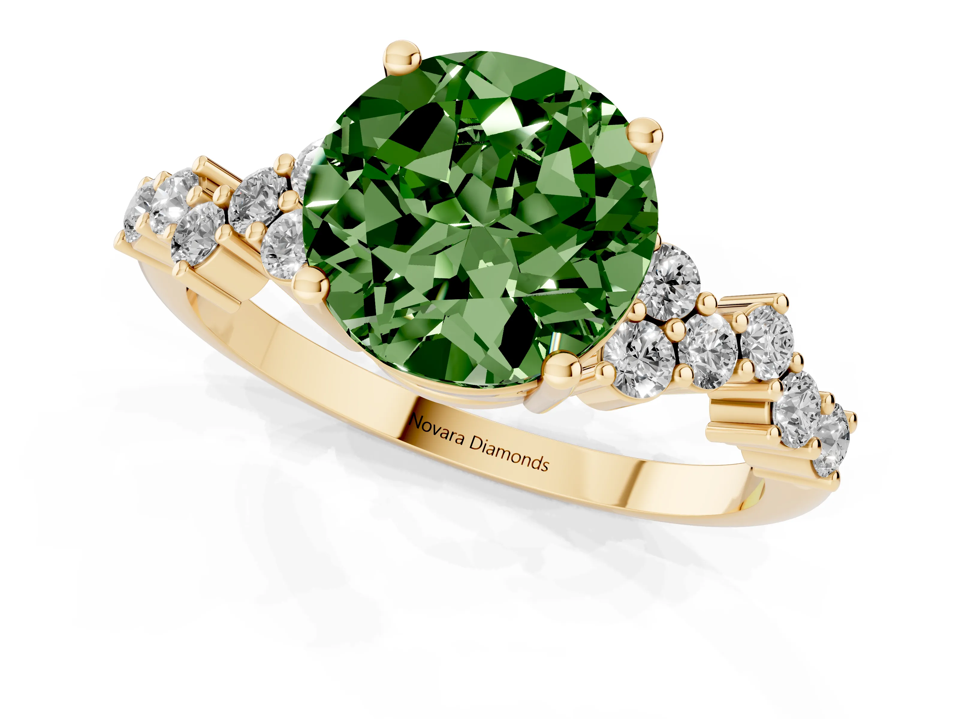 Fancy Green Round Cut Diamond Ring Set in Yellow gold with Scattered Round Accents