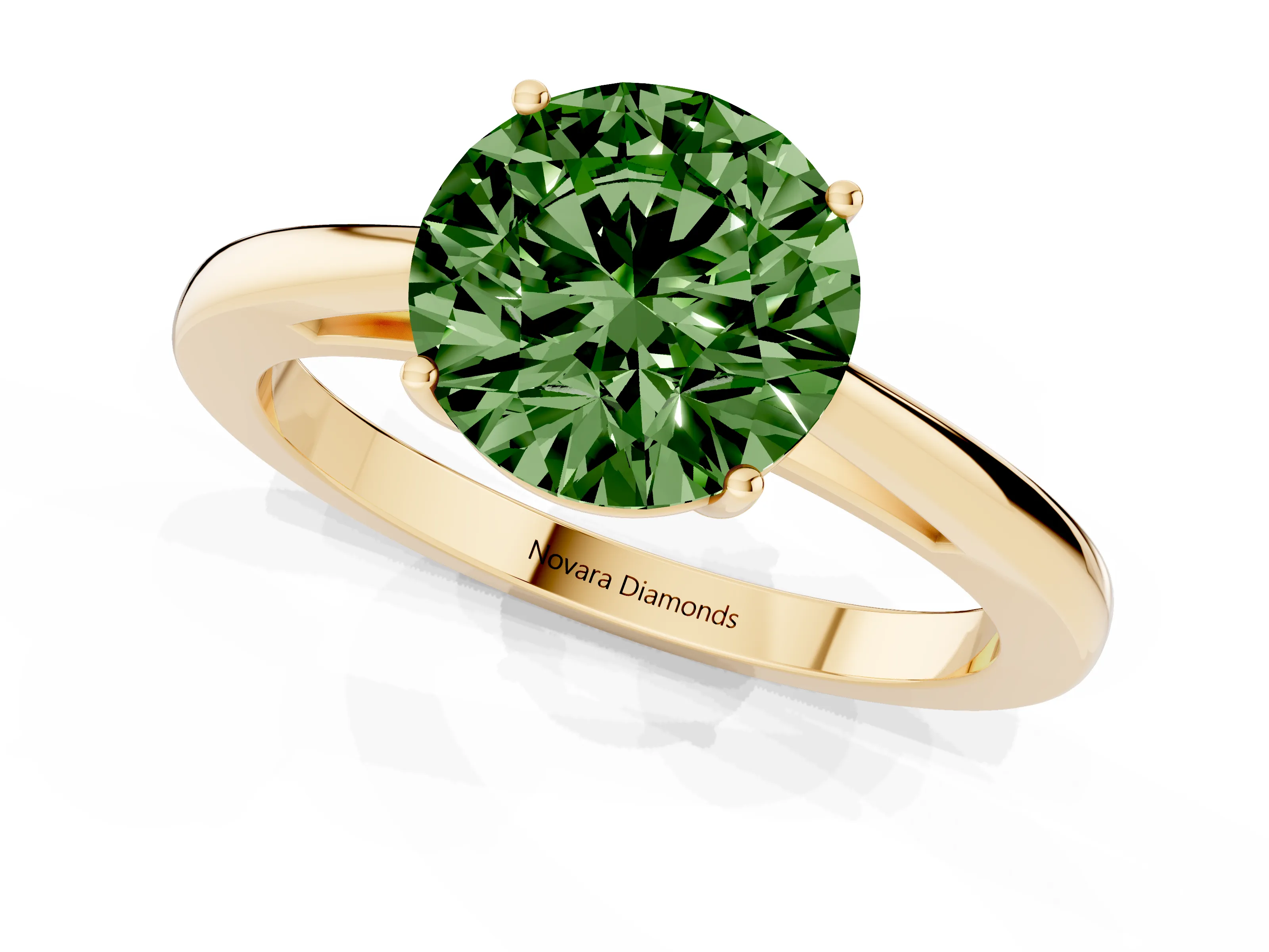 Fancy Green Round Cut Diamond Solitaire Ring Set in Yellow gold with Split Shank and Prong Setting