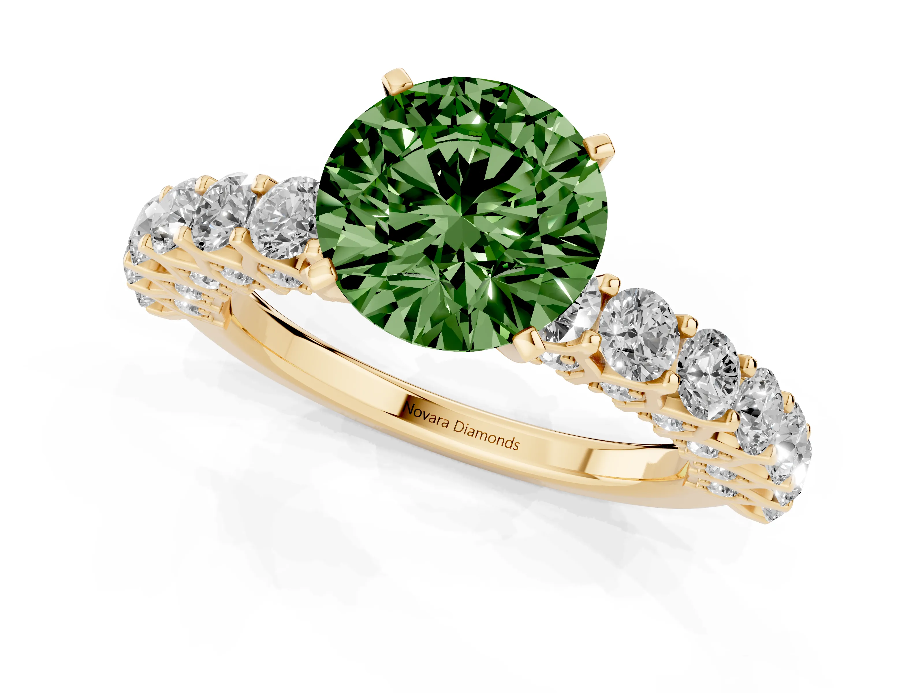 Fancy Green Round Cut Diamond Solitaire Ring Set in Yellow gold with Shared Prong Pavé Band