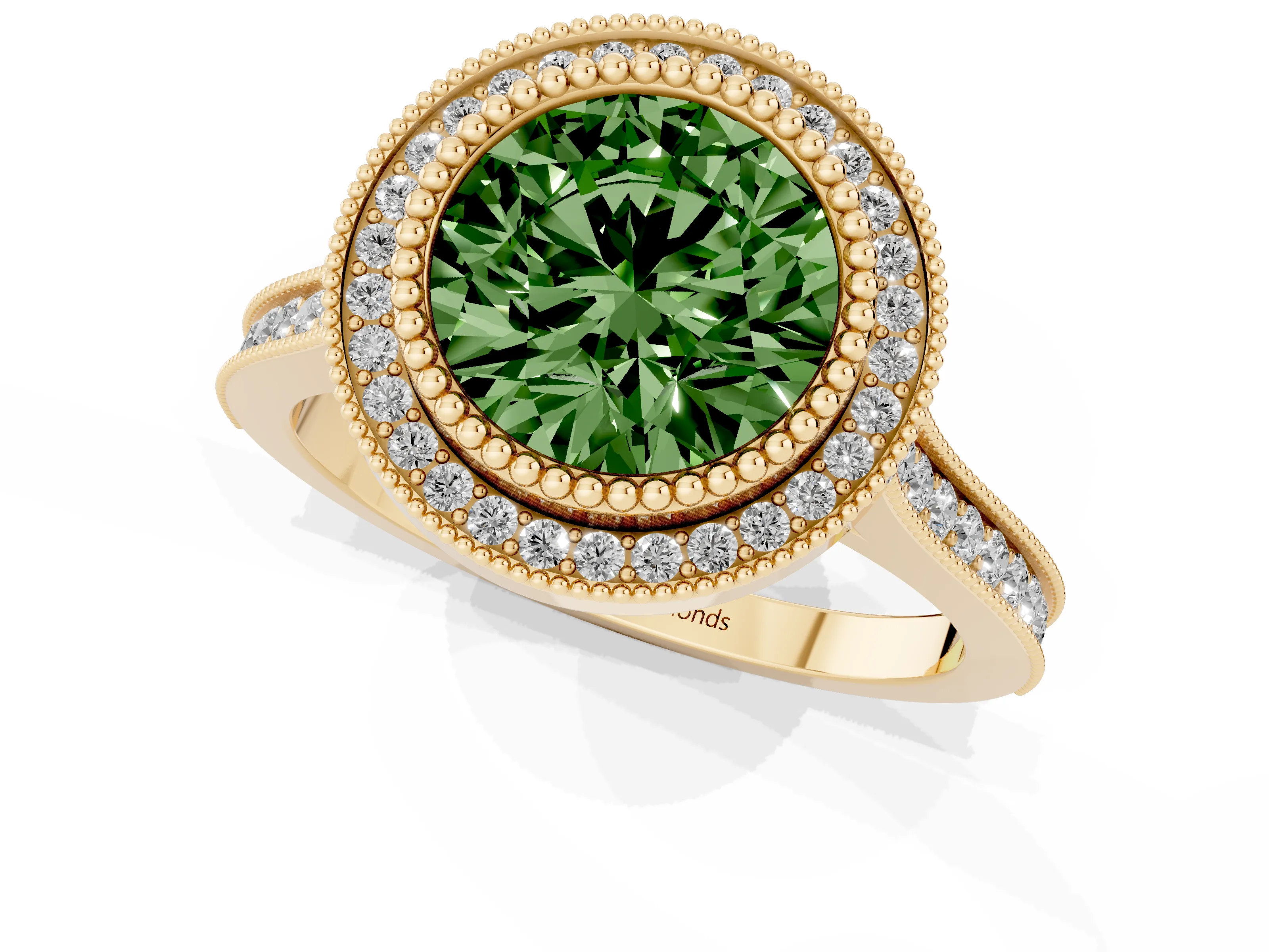 Fancy Green Round Cut Diamond Halo Ring Set in Yellow gold with Milgrain Frame and Pavé Band
