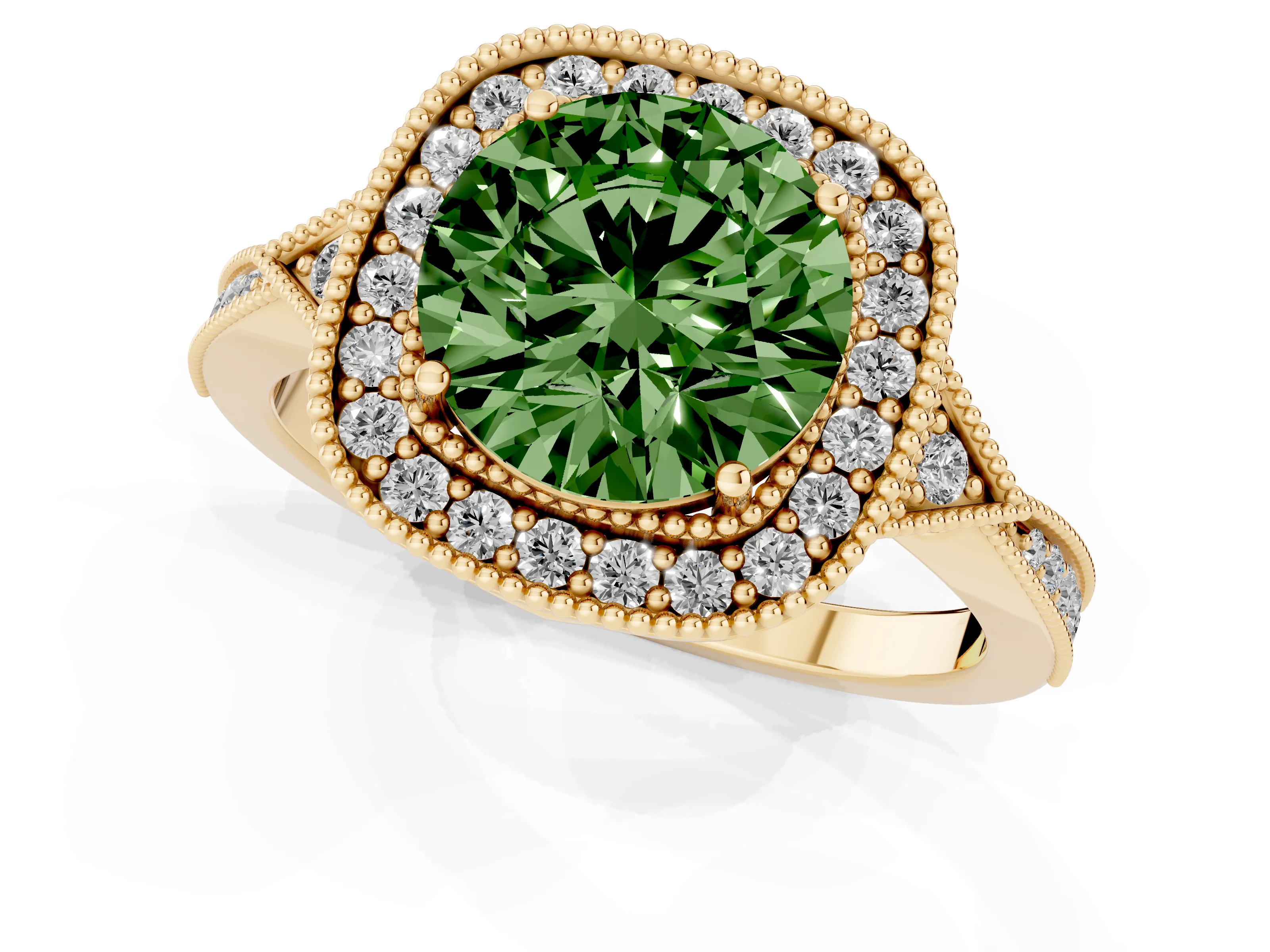 Fancy Green Round Cut Diamond Halo Engagement Ring Set in Yellow gold with Milgrain Pavé Band