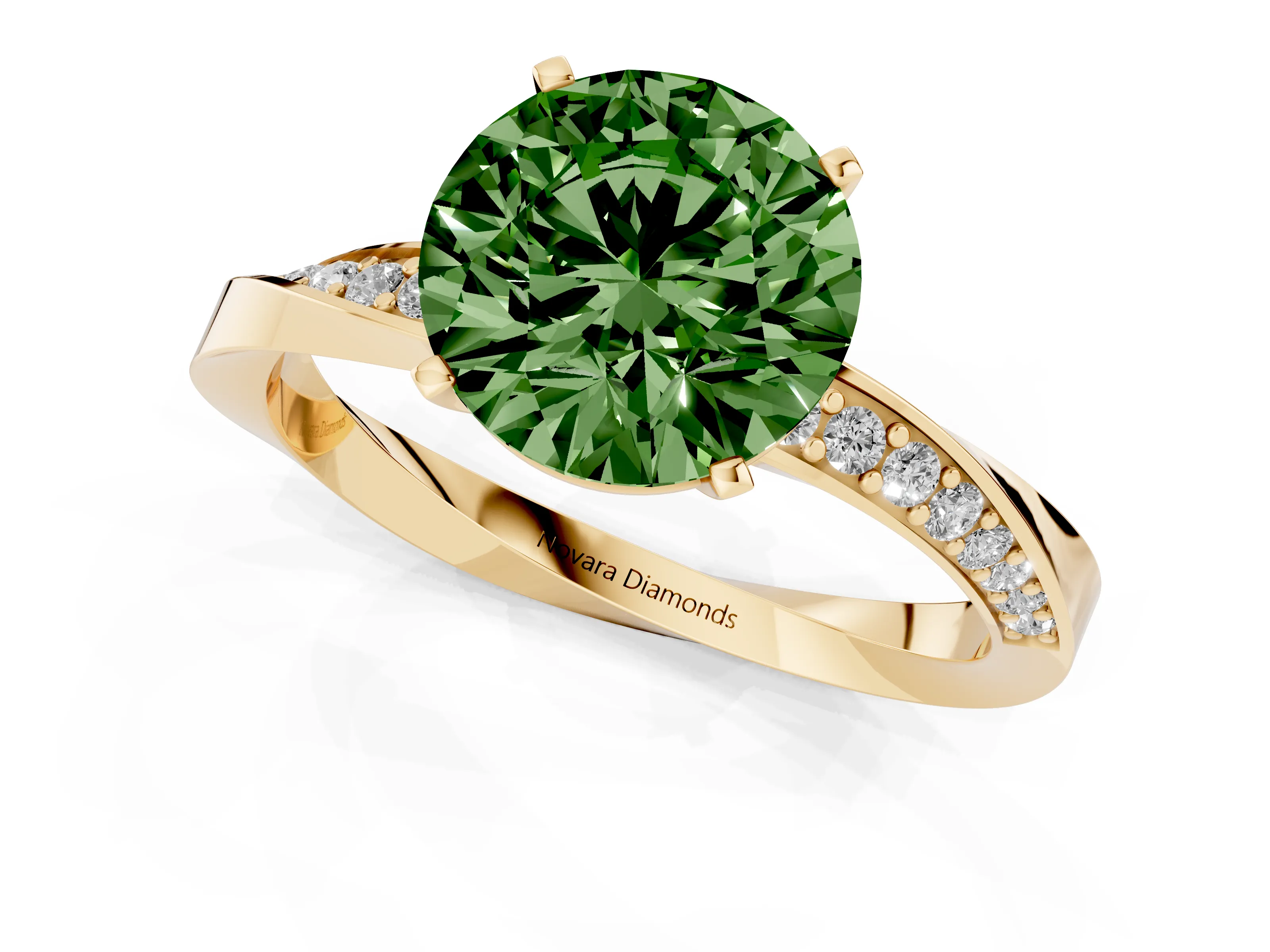 Fancy Green Round Cut Diamond Engagement Ring Set in Yellow gold with Side Stone Accents and Prong Setting