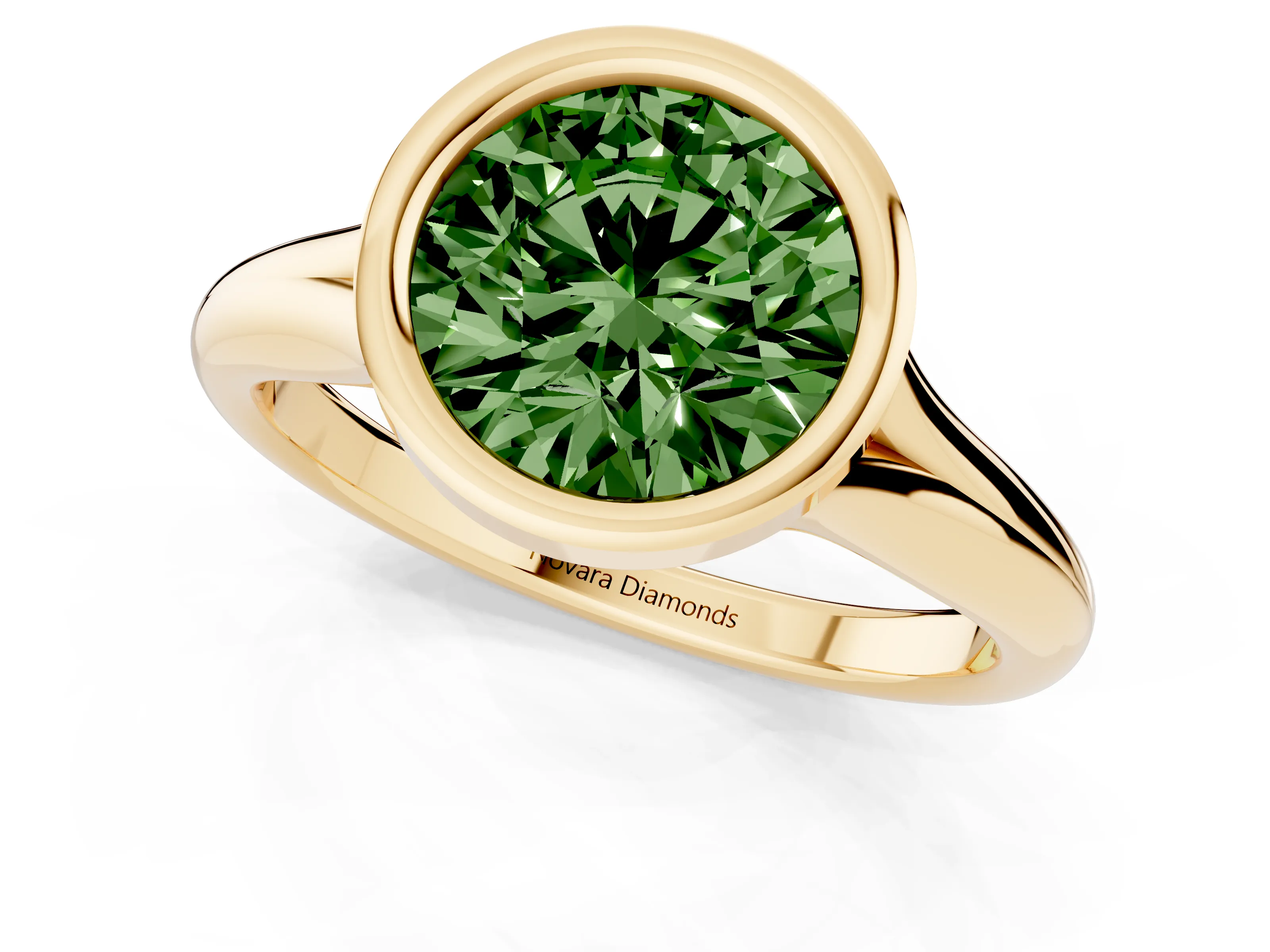 Fancy Green Bezel Set Round Cut Diamond Solitaire Ring Set in Yellow gold with Smooth Band