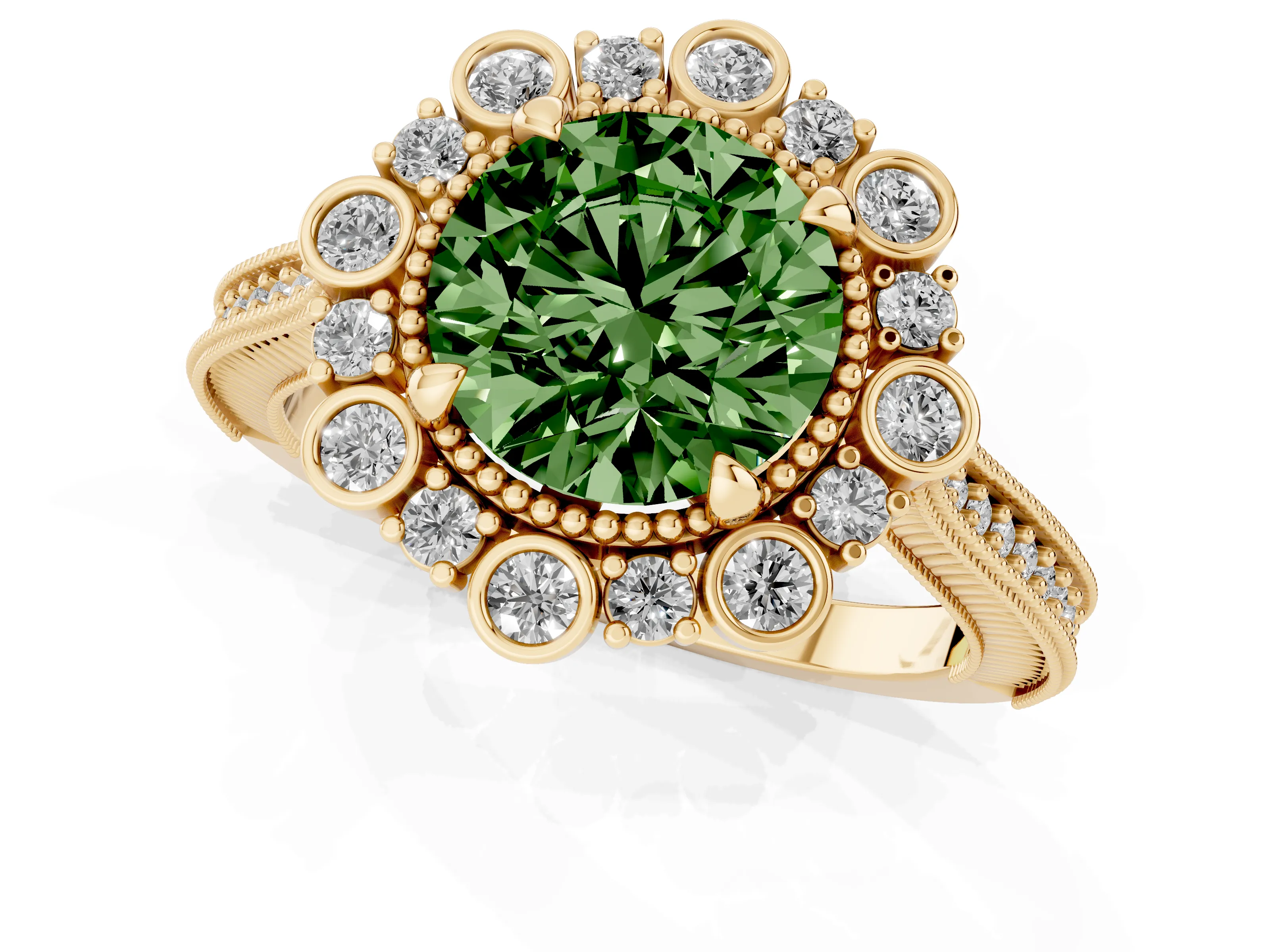 Fancy Green Round Cut Diamond Halo Milgrain Pavé Ring Set in Yellow gold with Prong Setting