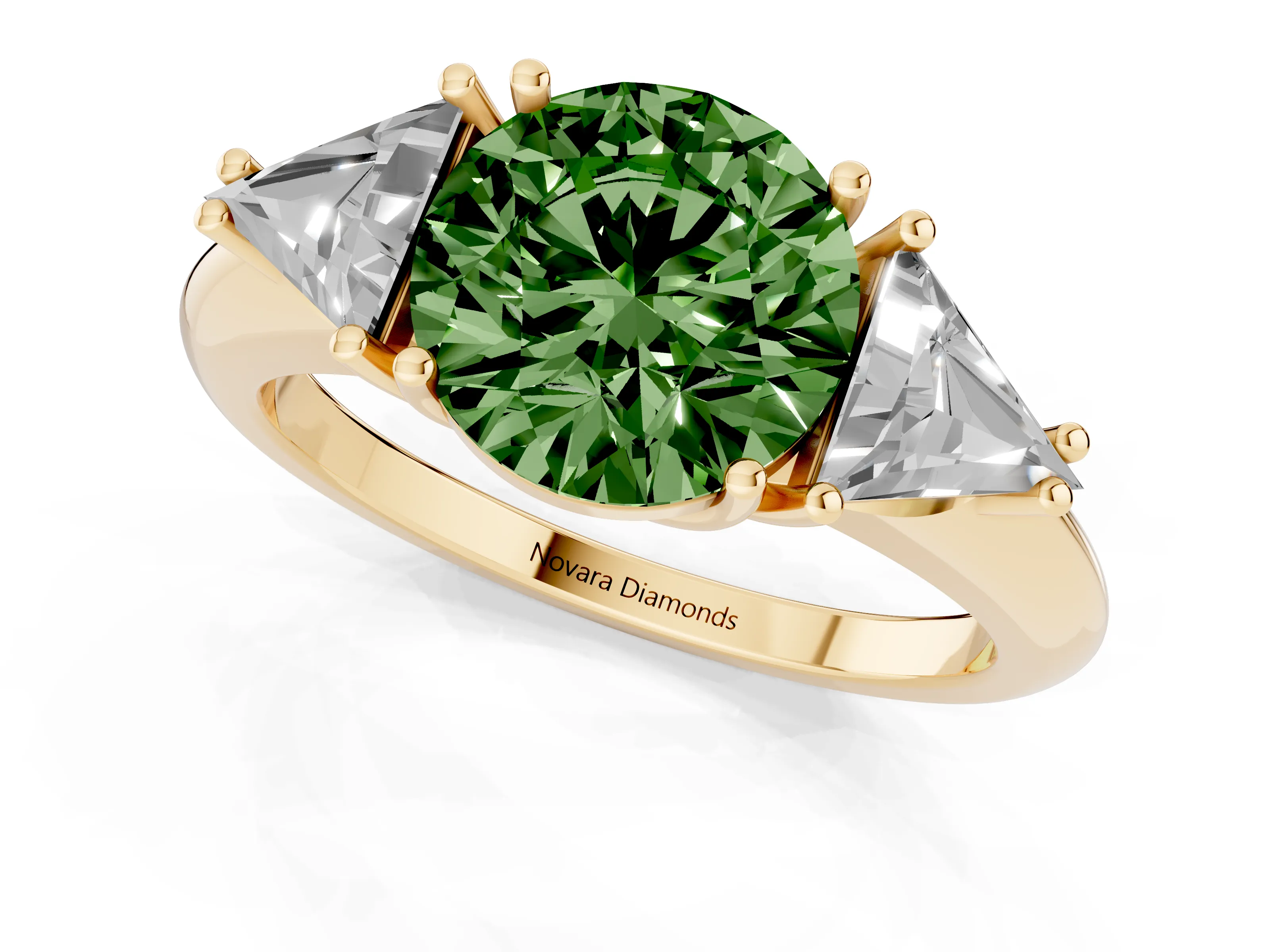 Fancy Green Round Cut Diamond Three-Stone Engagement Ring Set in Yellow gold with Trillion Side Stones