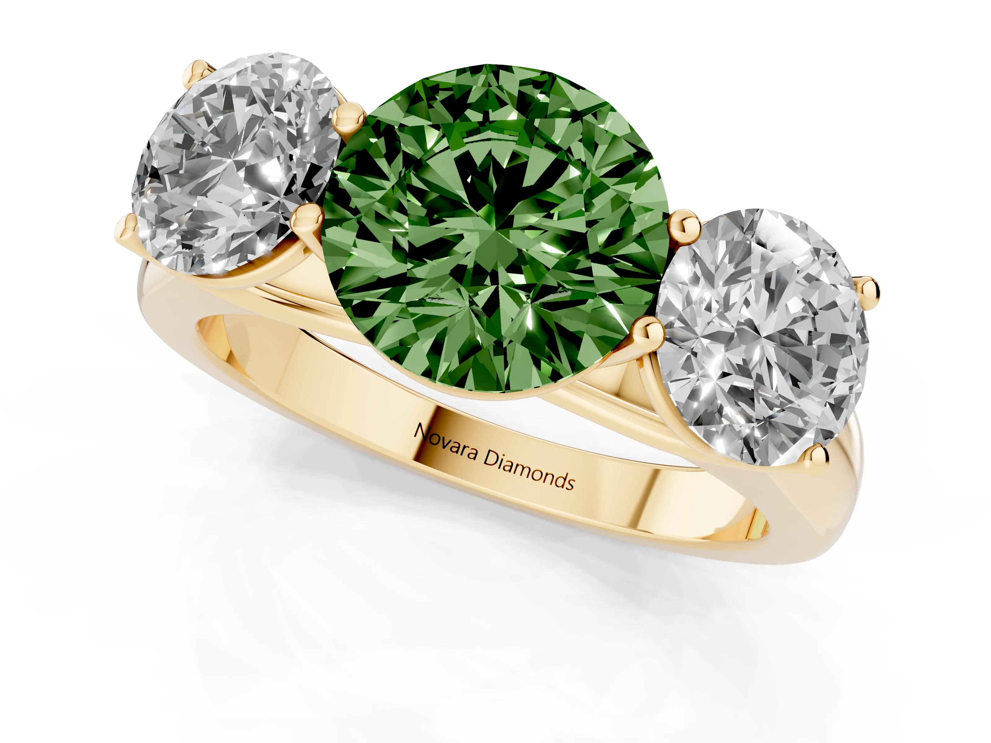 Fancy Green Round Cut Diamond Three-Stone Ring Set in Yellow gold with Plain Polished Band