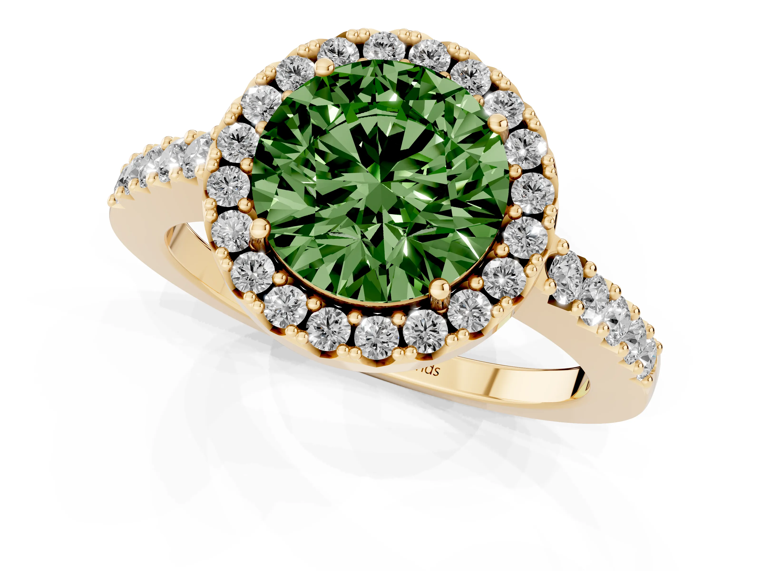 Fancy Green Round Cut Diamond Halo Pavé Solitaire Ring Set in Yellow gold with Prong-Set Center Stone