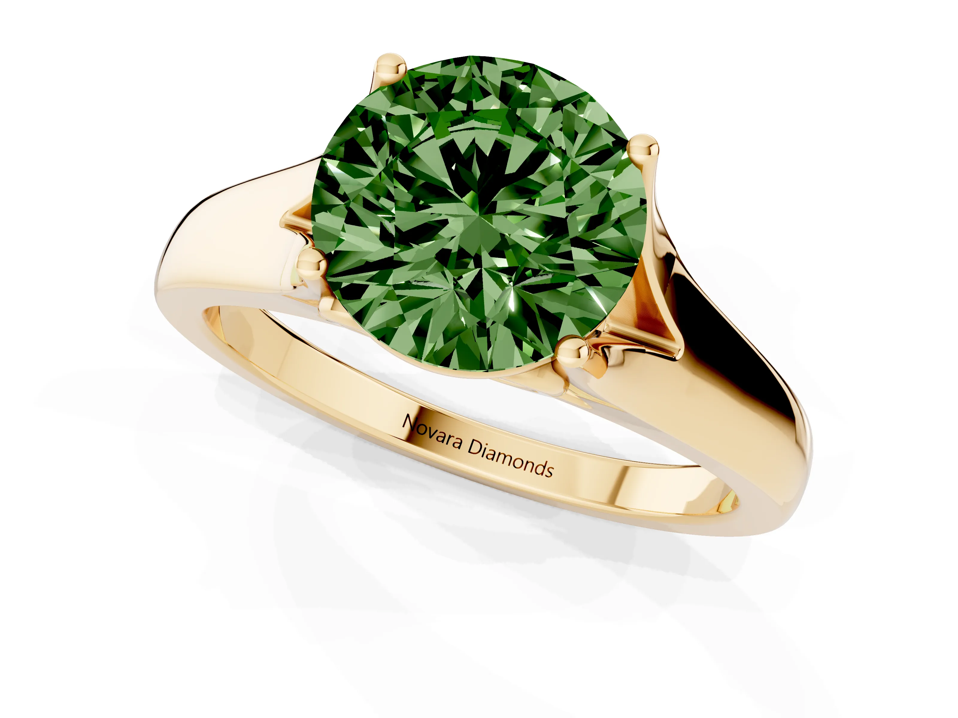 Fancy Green Round Cut Diamond Solitaire Ring Set in Yellow gold with Arched Cathedral Band and Prong Setting